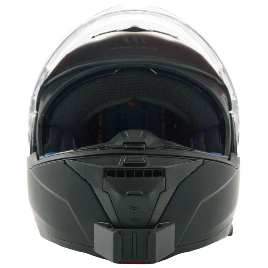 Vista frontal del casco MT HELMETS ATOM 2 SV con el soporte de mentonera RiderMounts montado