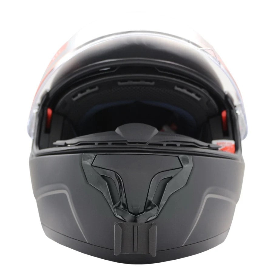 Vista frontal del casco MT HELMETS ATOM SV con el soporte de mentonera RiderMounts montado