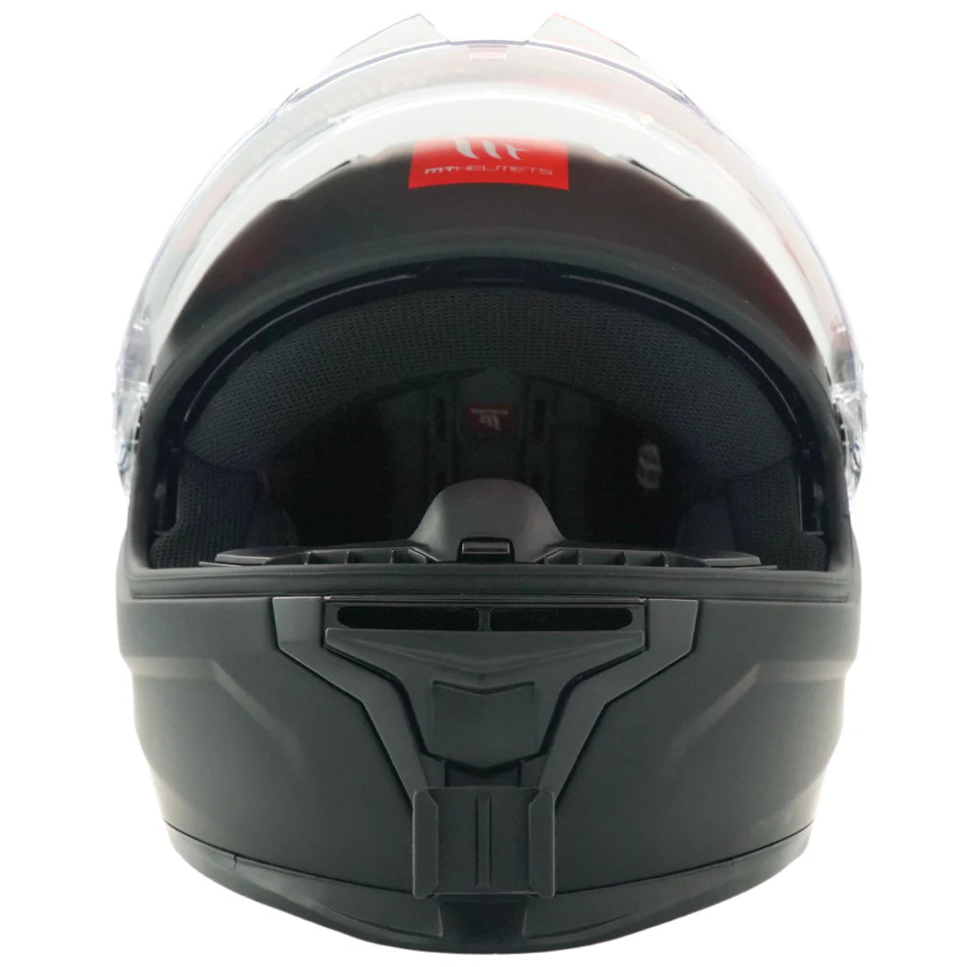 Vista frontal del casco MT HELMETS BRAKER SV con el soporte de mentonera RiderMounts montado