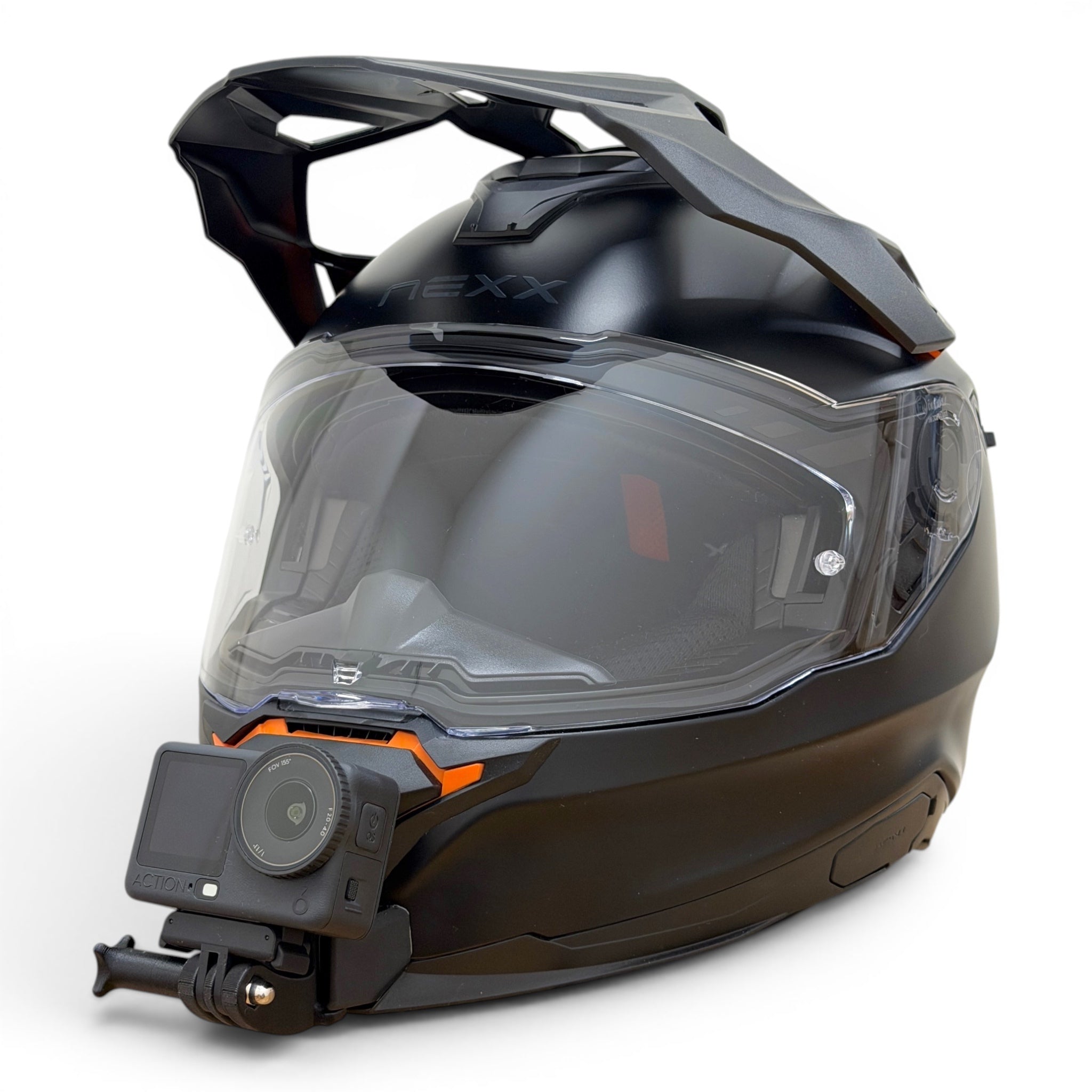 Casco NEXX Y.TRAVL con soporte de mentonera RiderMounts y cámara de acción montada