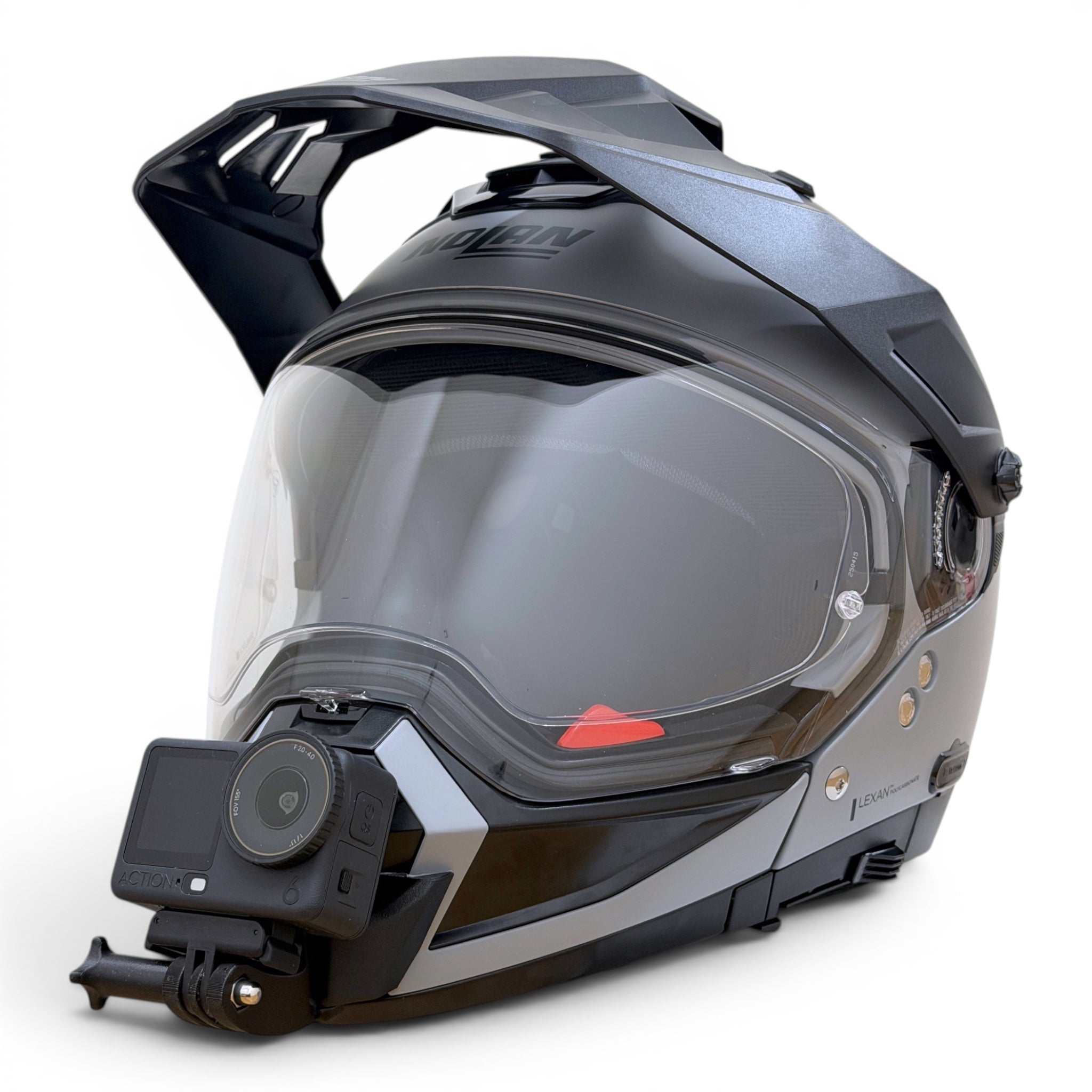 Casco NOLAN N70-2 X con soporte de mentonera RiderMounts y cámara de acción montada
