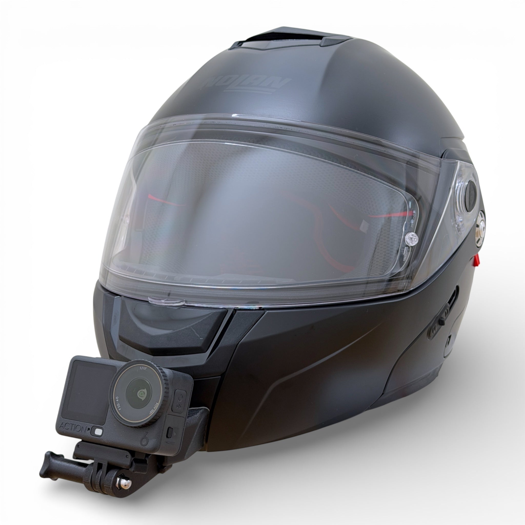 Casco NOLAN N90-2 con soporte de mentonera RiderMounts y cámara de acción montada