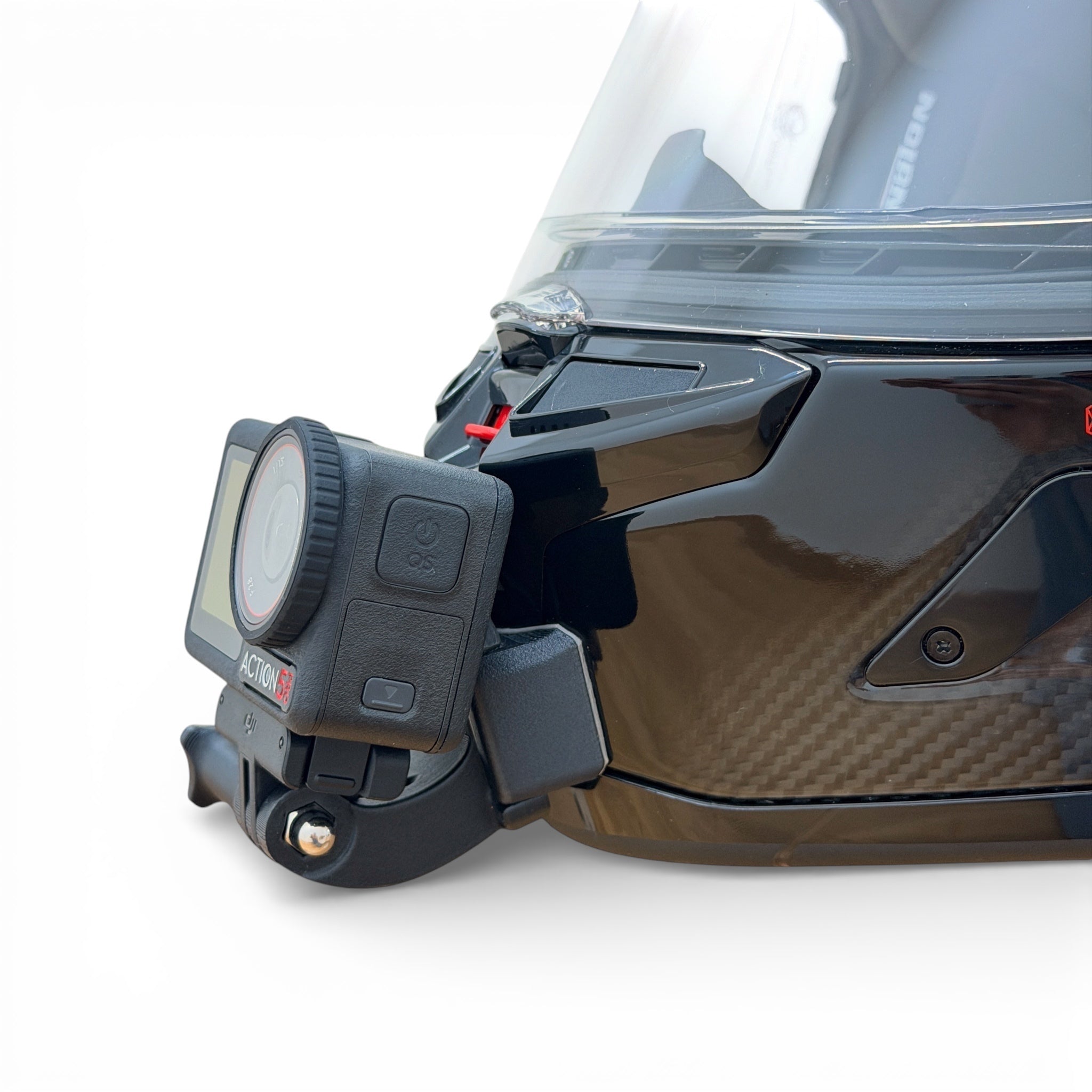 Soporte de mentonera RiderMounts en el casco NOLAN X-804 RS visto desde otro ángulo