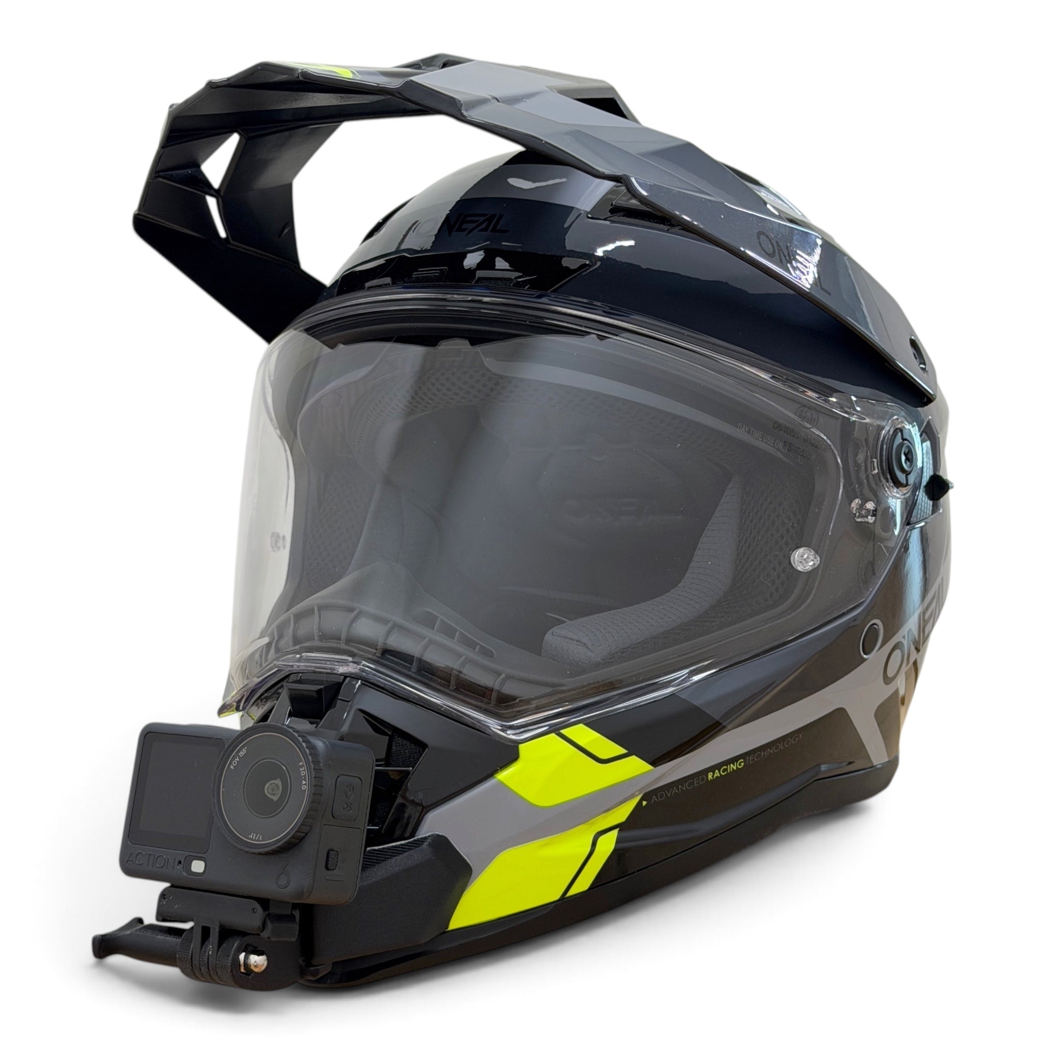 Casco O'NEAL D-SRS 2026 con soporte de mentonera RiderMounts y cámara de acción montada