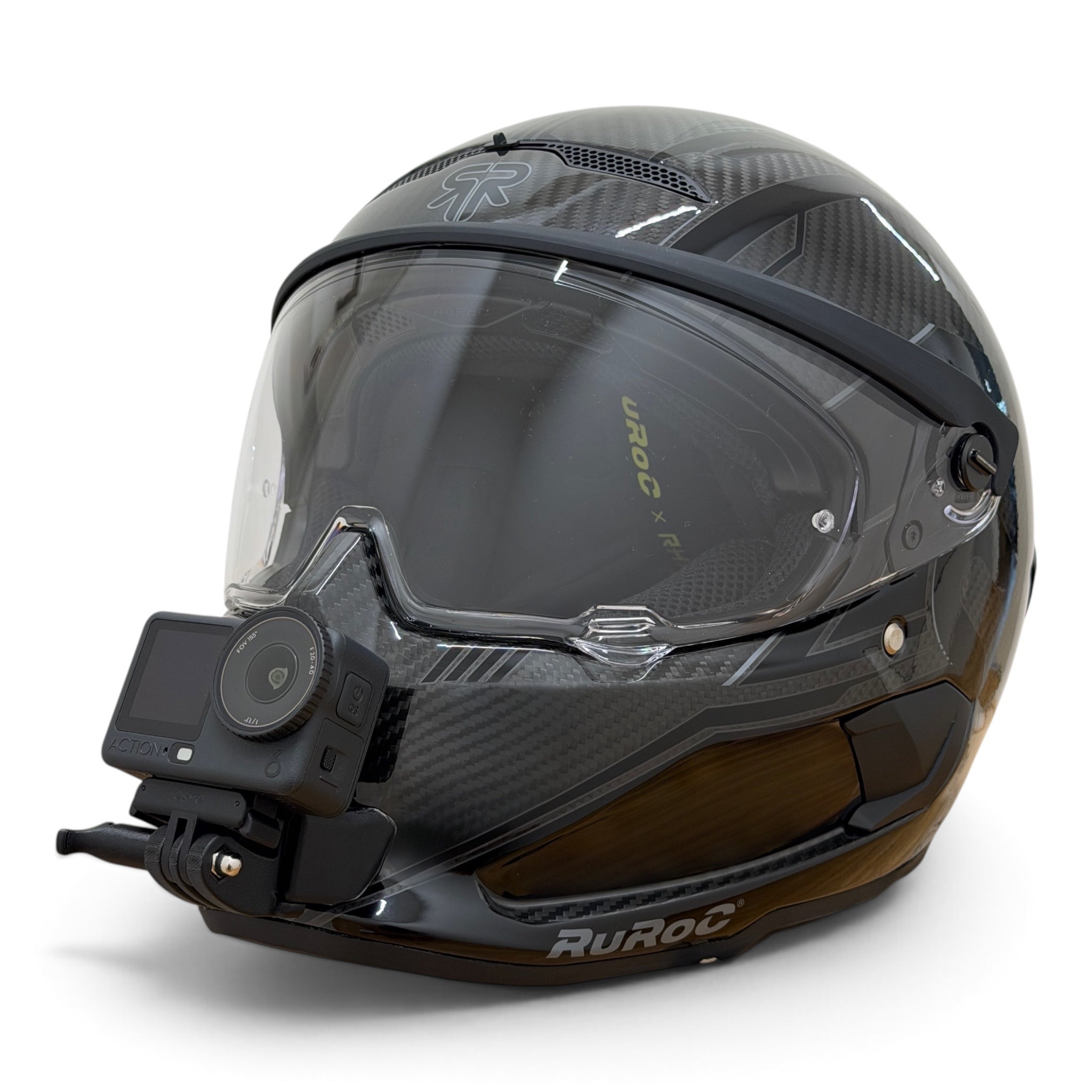Casco RUROC ATLAS TRACK con soporte de mentonera RiderMounts y cámara de acción montada