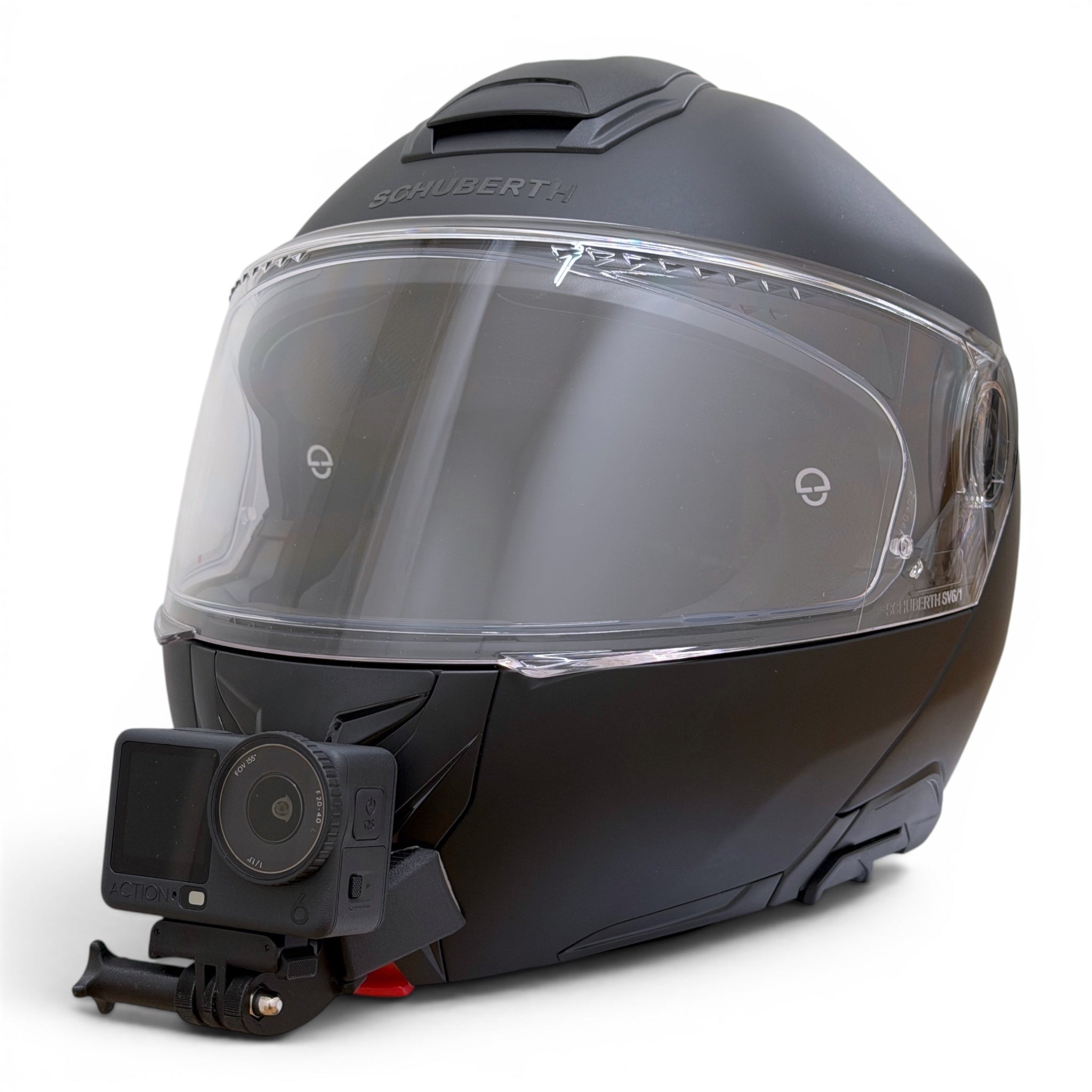Casco SCHUBERTH CONCEPT con soporte de mentonera RiderMounts y cámara de acción montada