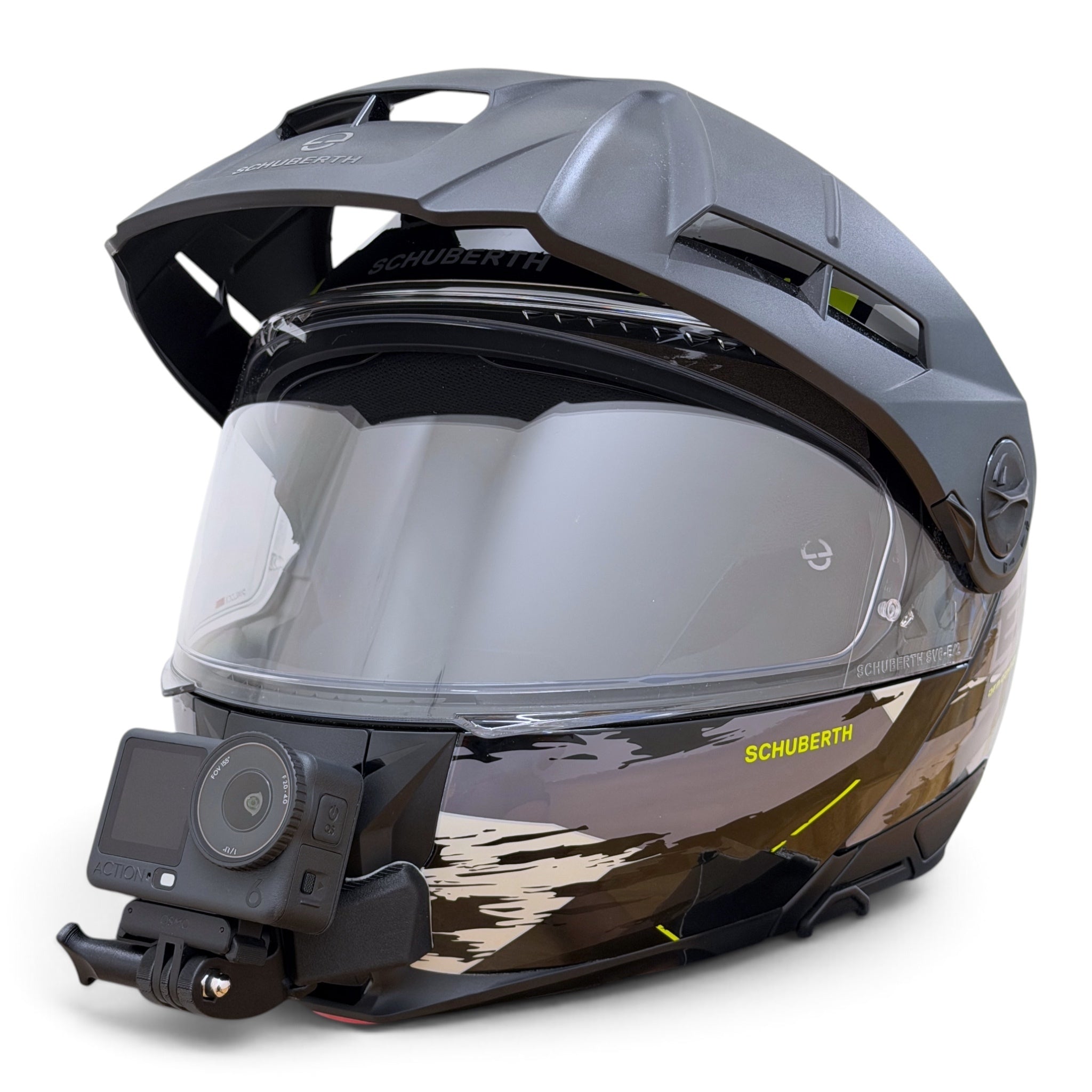 Casco SCHUBERTH E2 con soporte de mentonera RiderMounts y cámara de acción montada