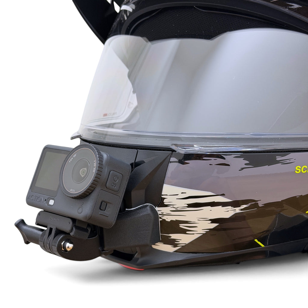 Soporte de mentonera RiderMounts en el casco SCHUBERTH E2 visto desde otro ángulo