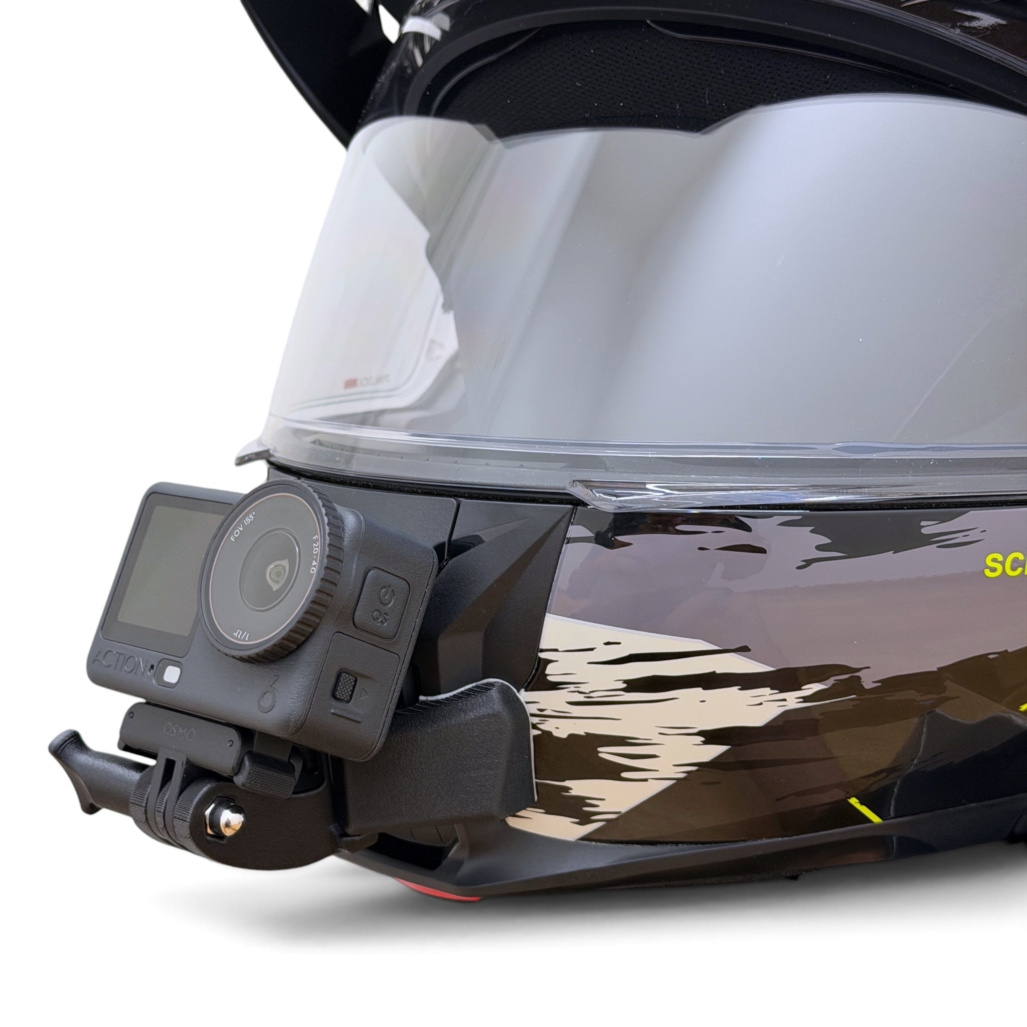 Soporte de mentonera RiderMounts en el casco SCHUBERTH E2 visto desde otro ángulo