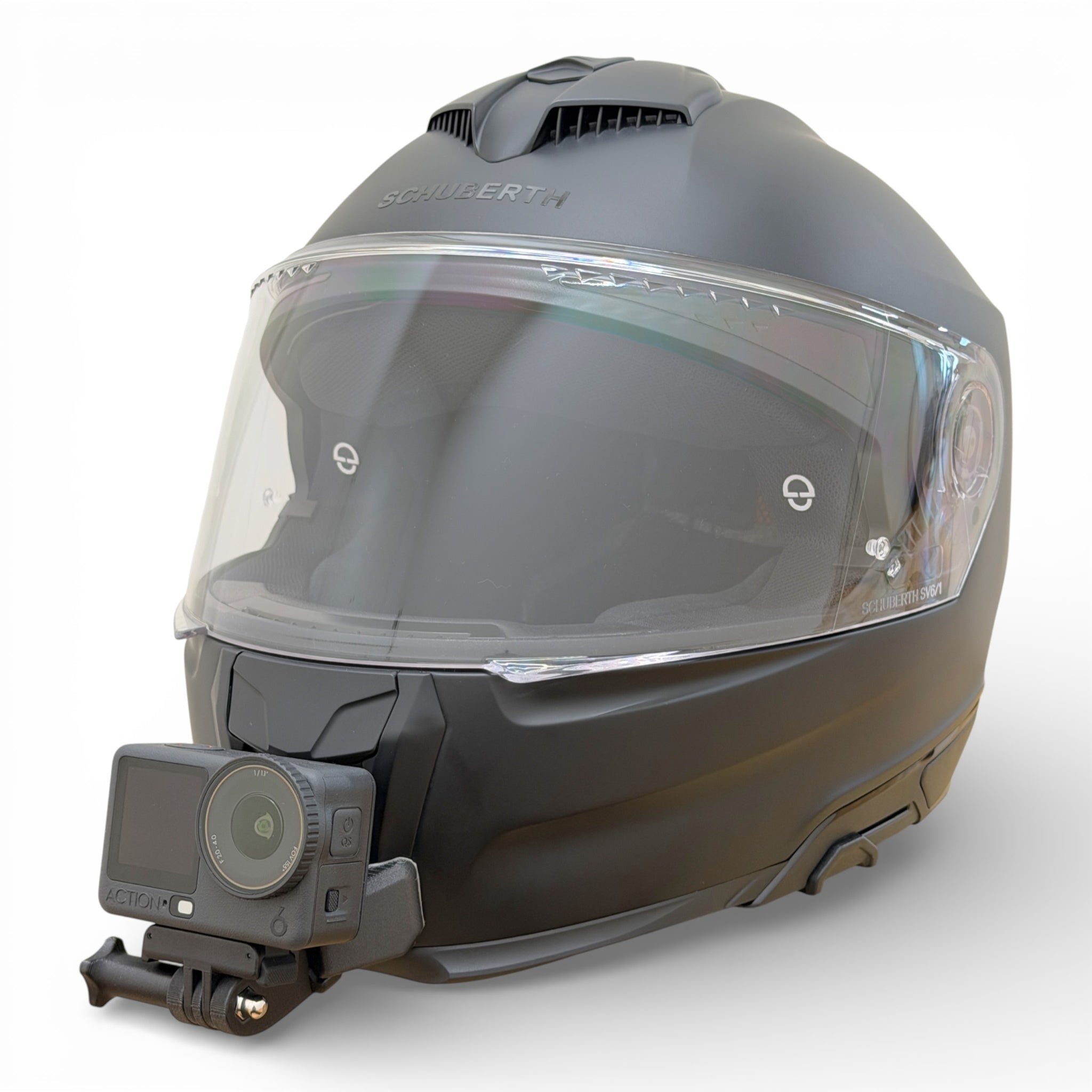 Casco SCHUBERTH S3 con soporte de mentonera RiderMounts y cámara de acción montada