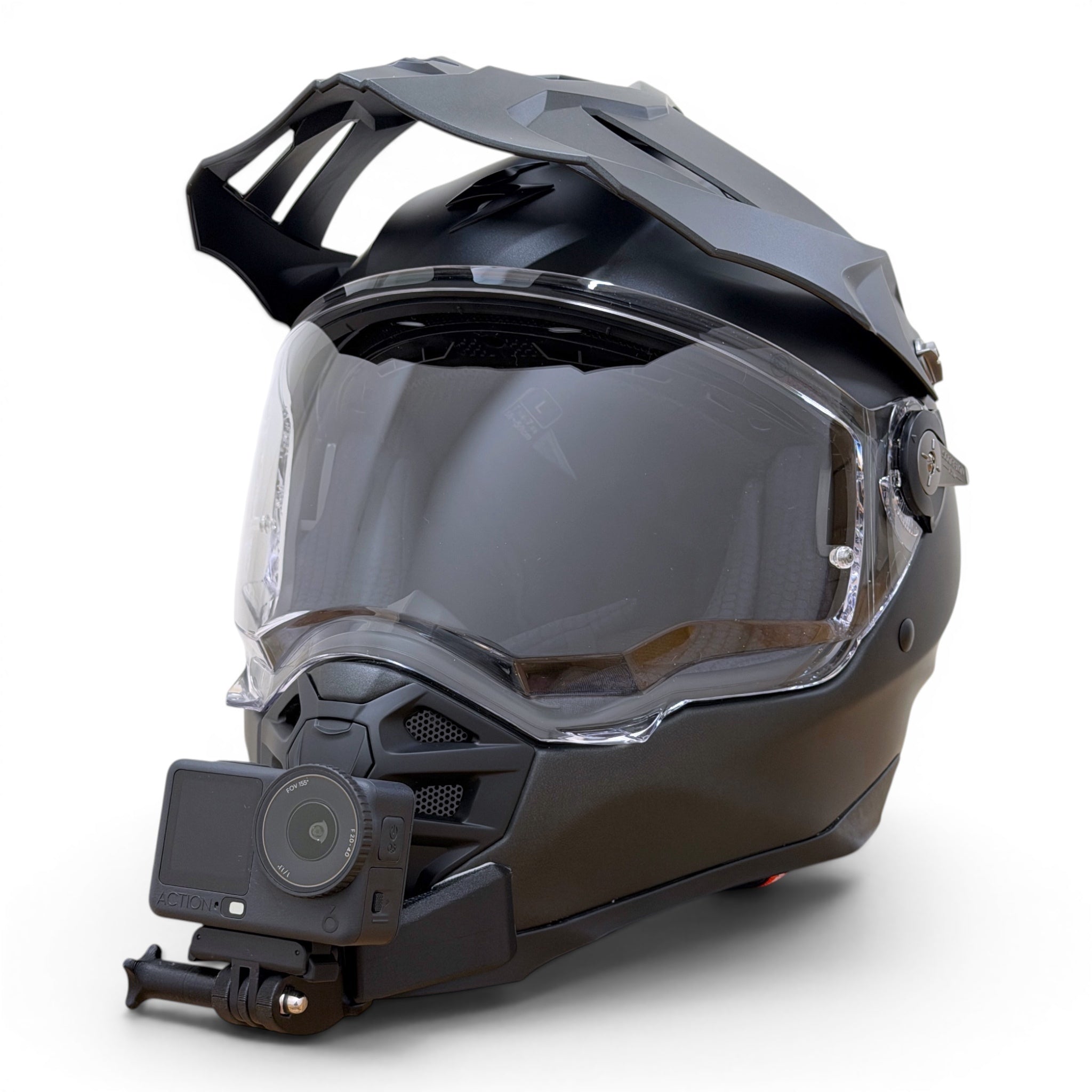 Casco SCORPION ADF-9000 AIR SOLID con soporte de mentonera RiderMounts y cámara de acción montada
