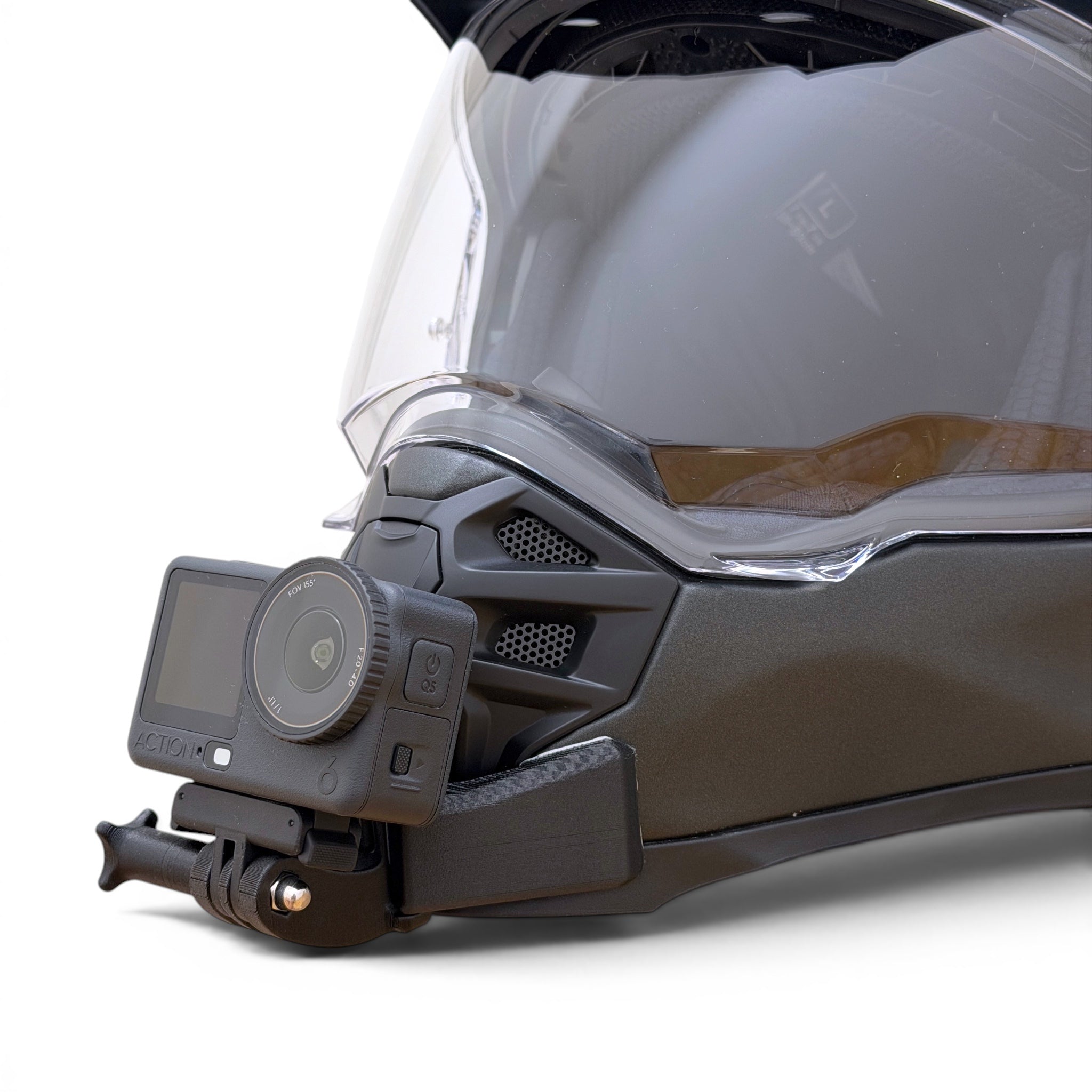 Soporte de mentonera RiderMounts en el casco SCORPION ADF-9000 AIR SOLID visto desde otro ángulo