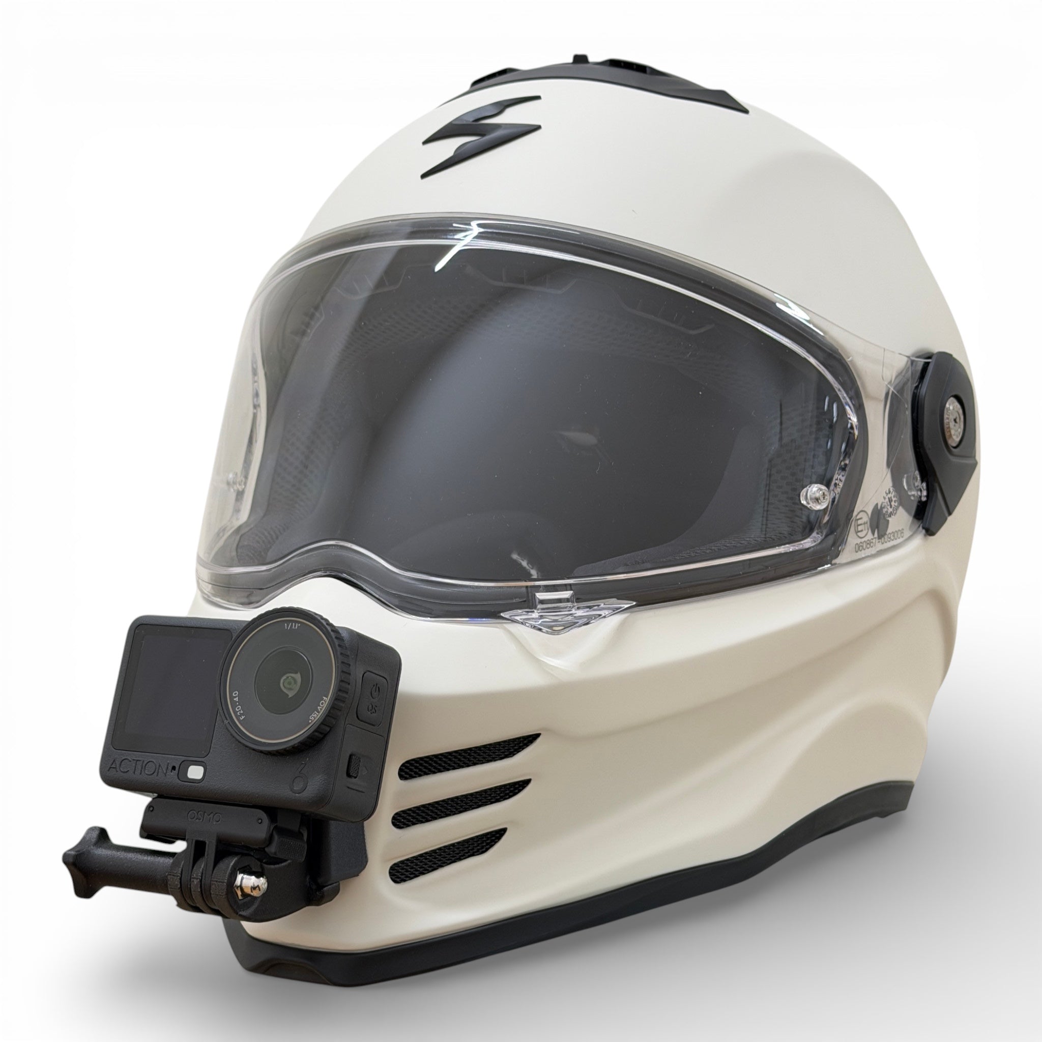 Casco SCORPION COVERT-FX con soporte de mentonera RiderMounts y cámara de acción montada