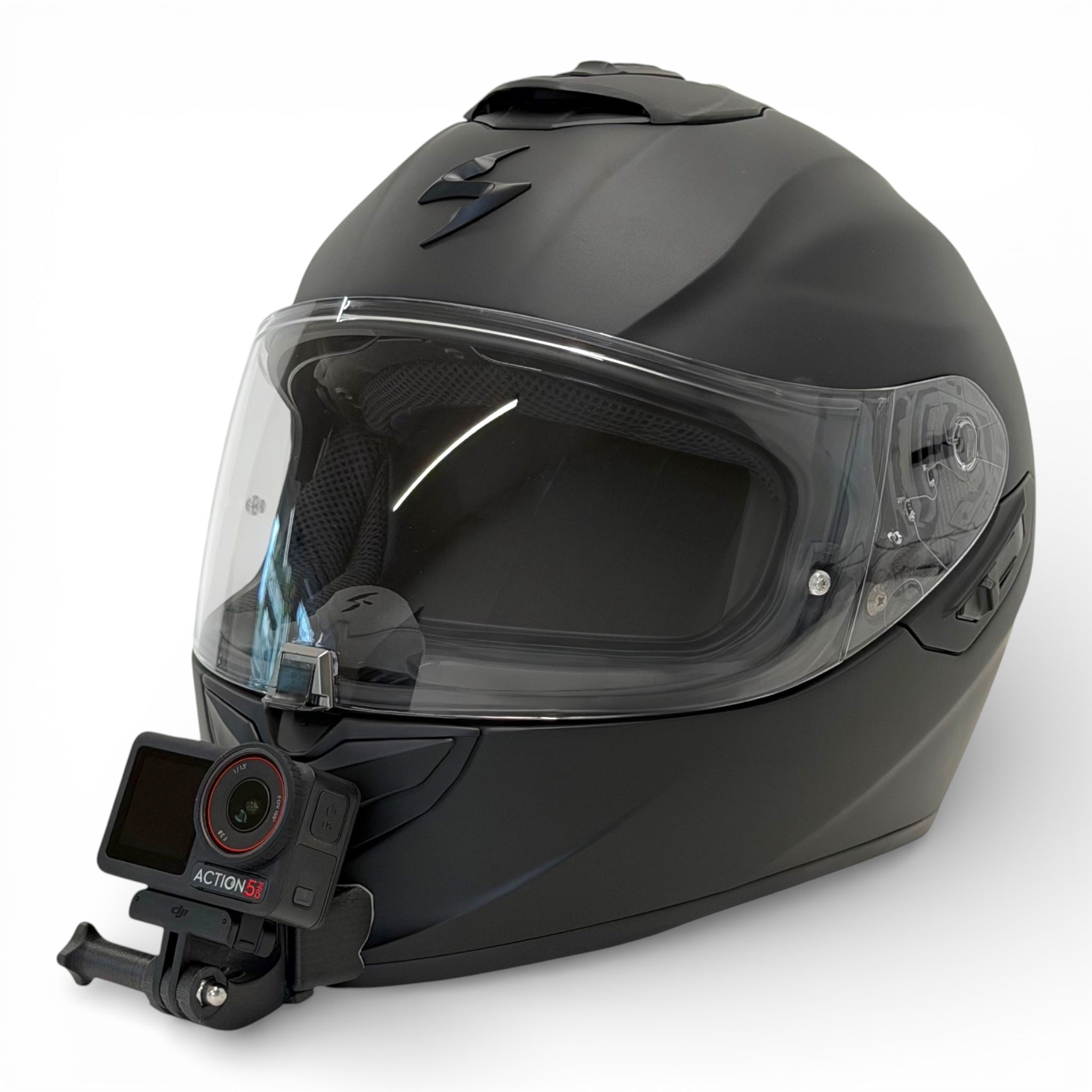 Casco SCORPION EXO-1400 EVO 2 con soporte de mentonera RiderMounts y cámara de acción montada