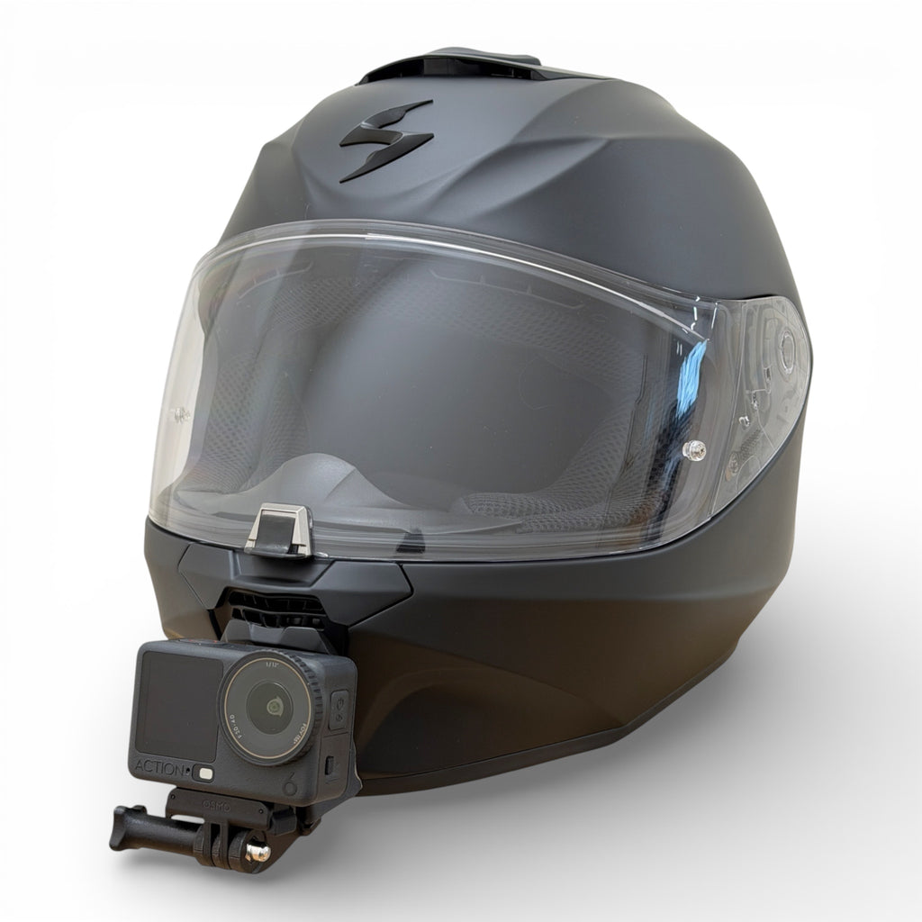 Casco SCORPION EXO 391 con soporte de mentonera RiderMounts y cámara de acción montada