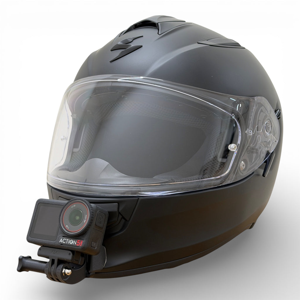 Casco SCORPION EXO 491 con soporte de mentonera RiderMounts y cámara de acción montada
