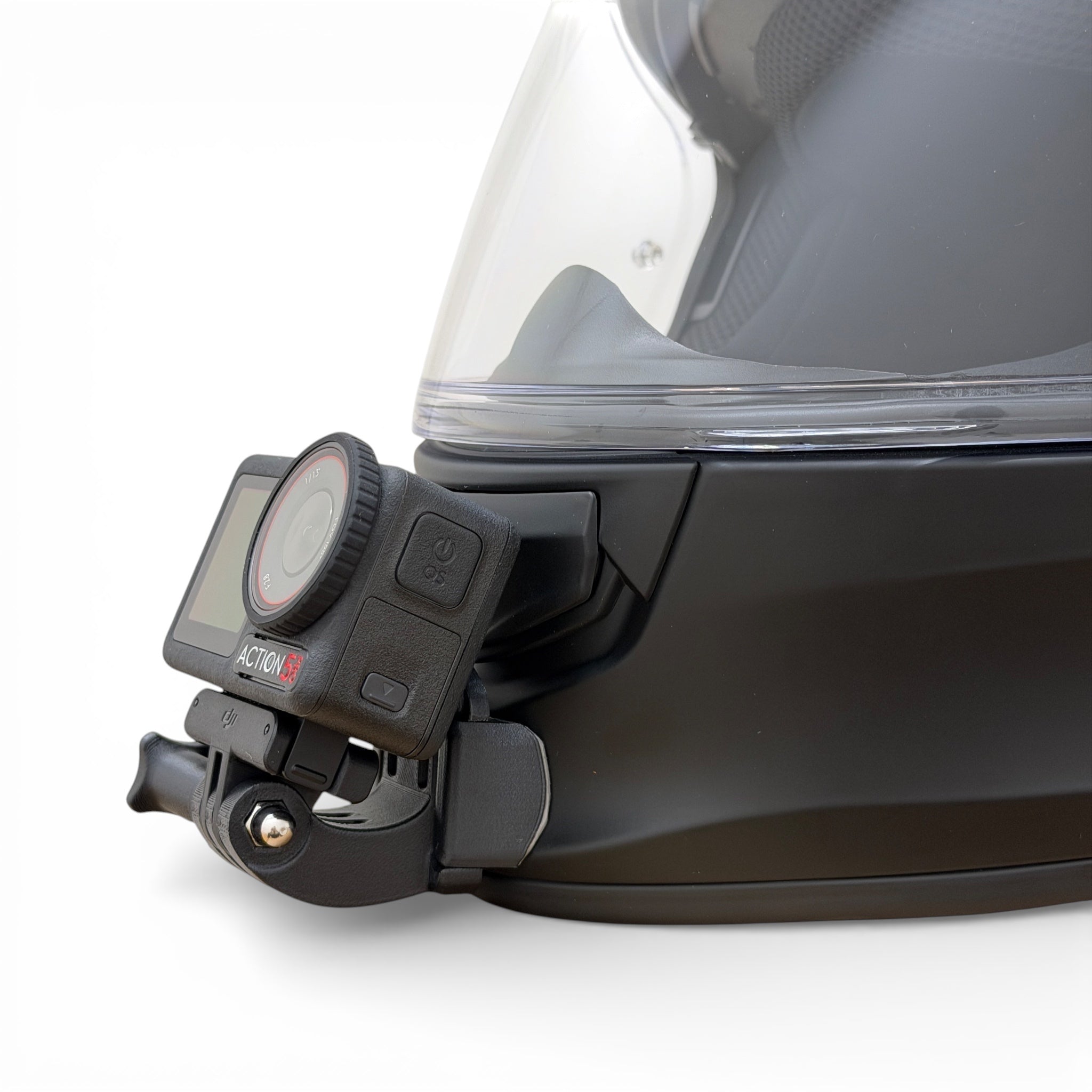 Soporte de mentonera RiderMounts en el casco SCORPION EXO 491 visto desde otro ángulo