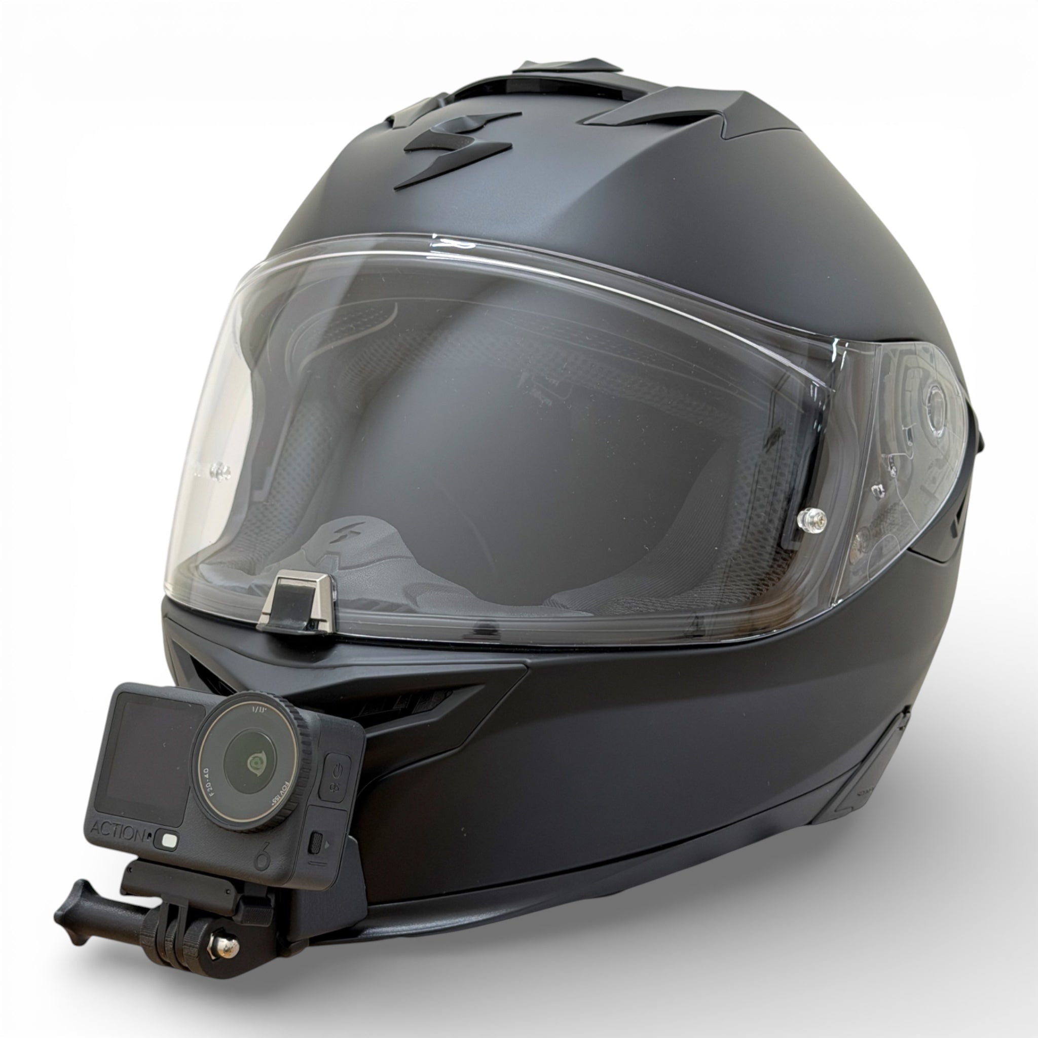 Casco SCORPION EXO-520 EVO AIR con soporte de mentonera RiderMounts y cámara de acción montada