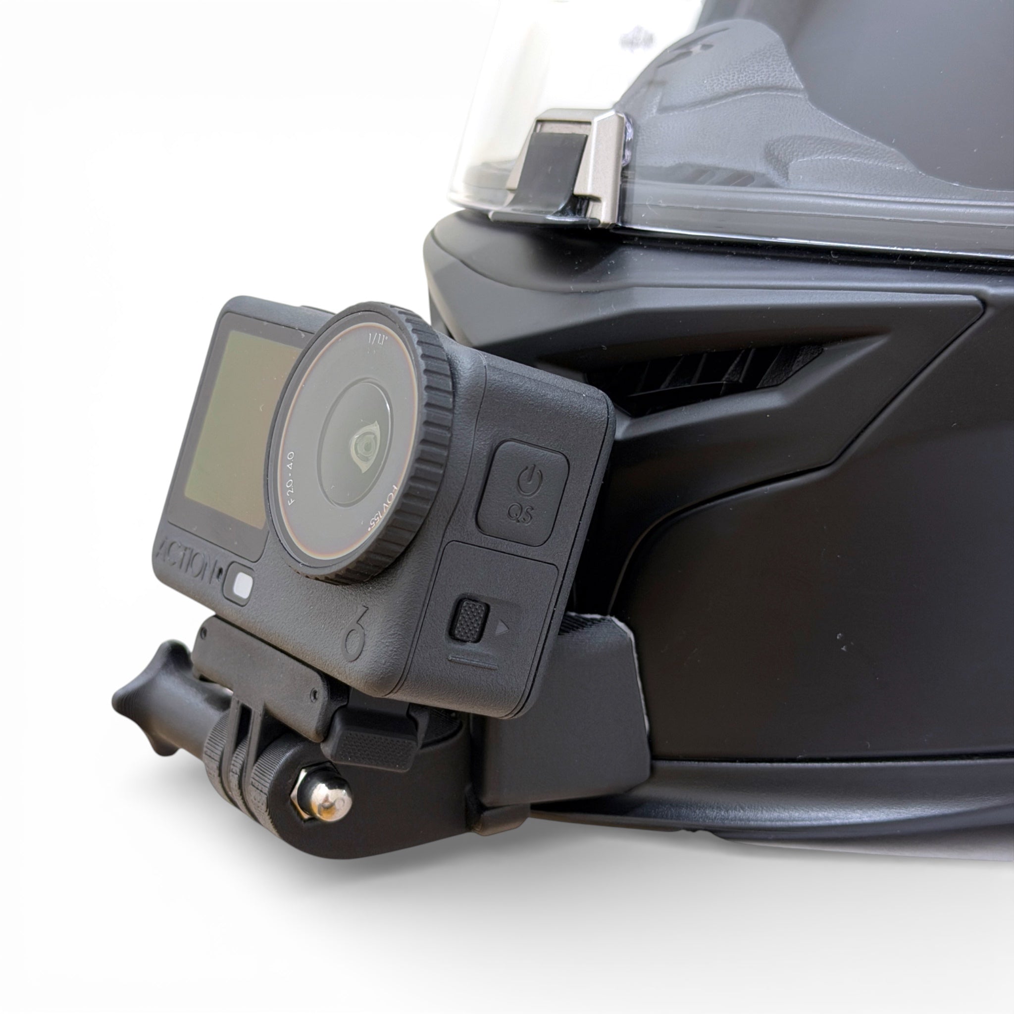Soporte de mentonera RiderMounts en el casco SCORPION EXO-520 EVO AIR visto desde otro ángulo