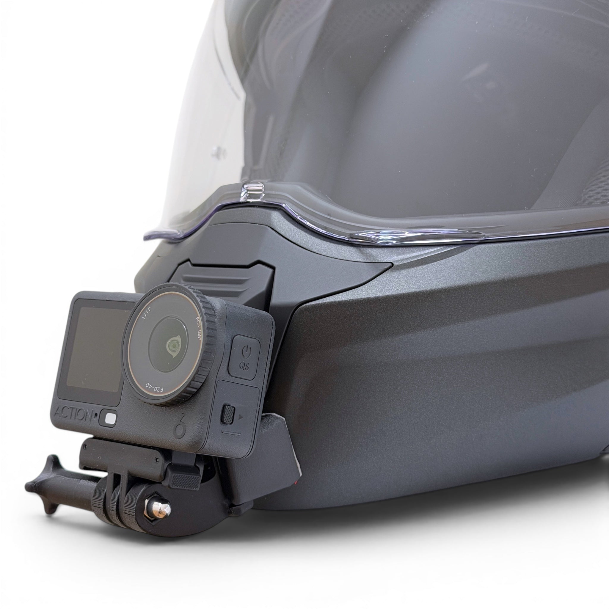 Soporte de mentonera RiderMounts en el casco SCORPION EXO-930 EVO visto desde otro ángulo