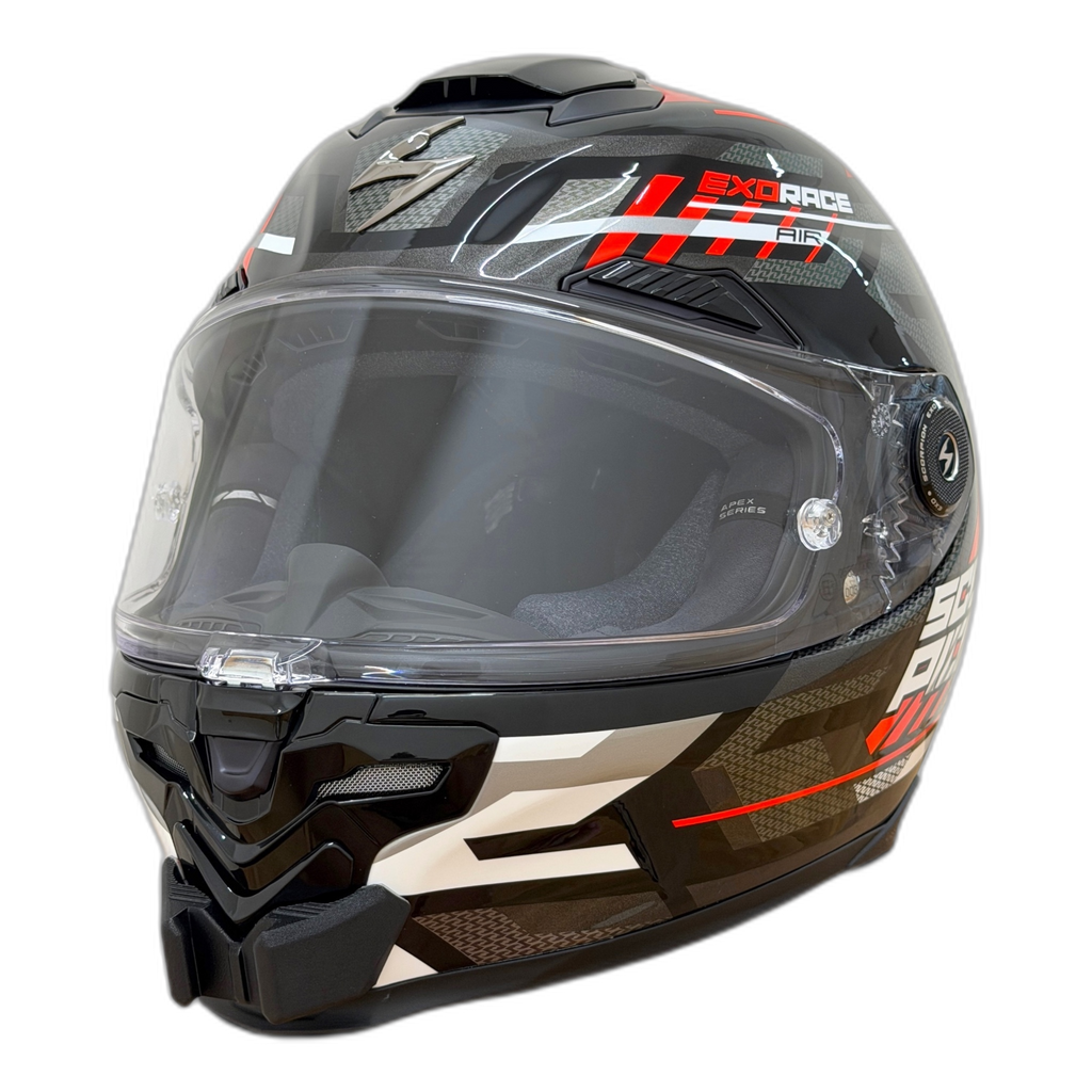 Casco SCORPION EXO-RACE AIR con el soporte de mentonera RiderMounts instalado