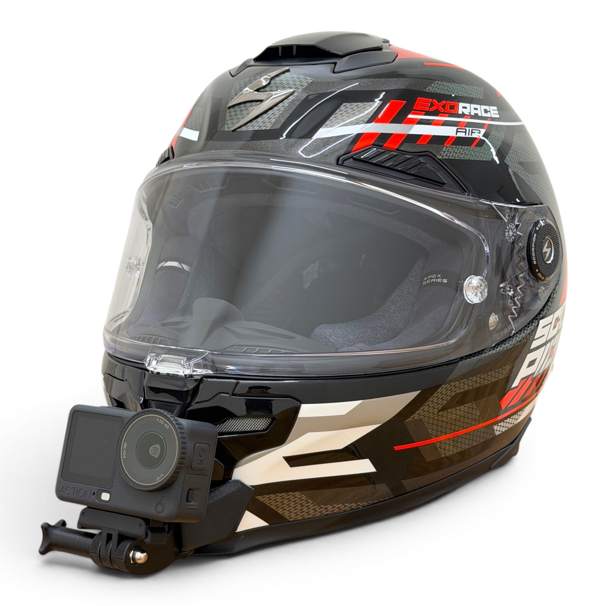 Casco SCORPION EXO-RACE AIR con soporte de mentonera RiderMounts y cámara de acción montada