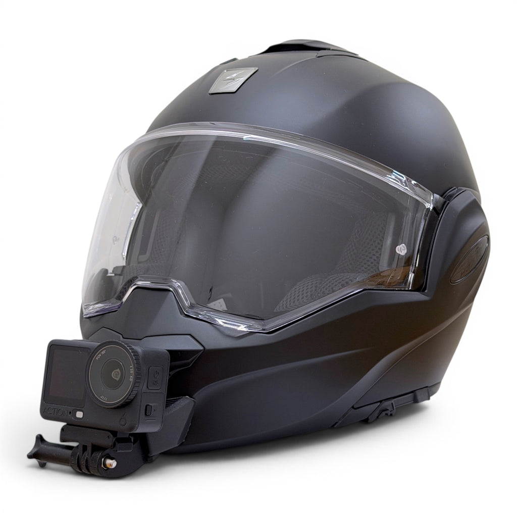 Casco SCORPION EXO-TECH EVO con soporte de mentonera RiderMounts y cámara de acción montada