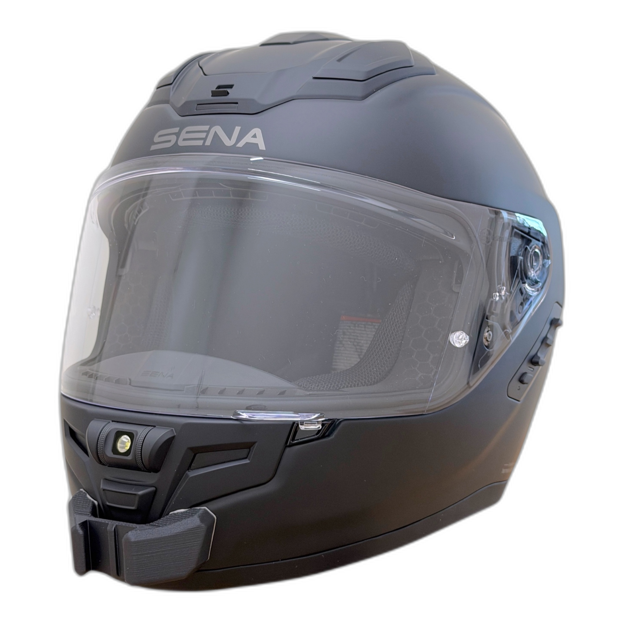 Casco SENA PHANTOM con el soporte de mentonera RiderMounts instalado