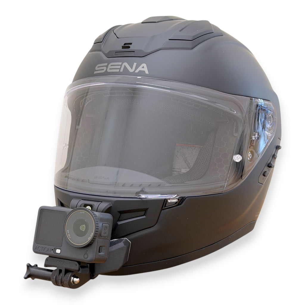 Casco SENA PHANTOM con soporte de mentonera RiderMounts y cámara de acción montada