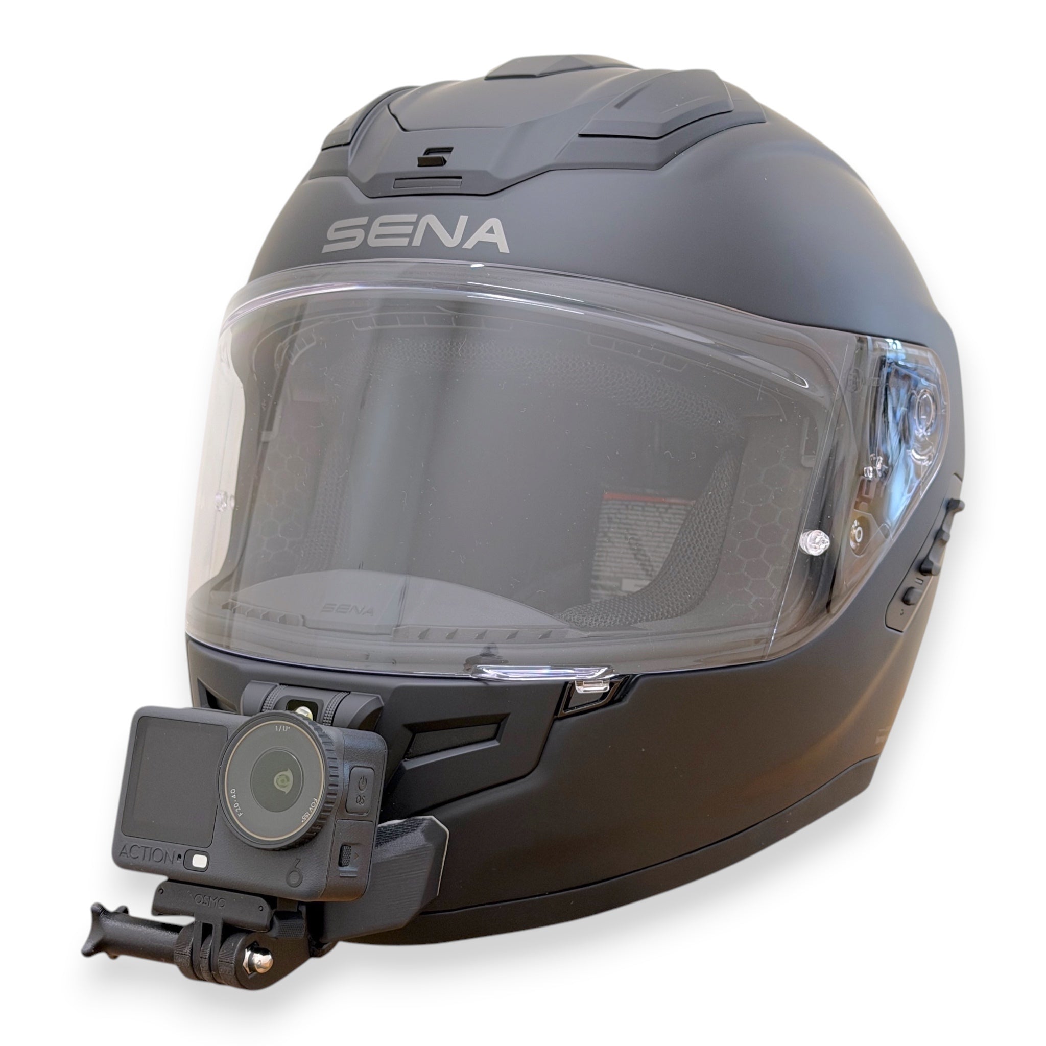 Casco SENA PHANTOM con soporte de mentonera RiderMounts y cámara de acción montada