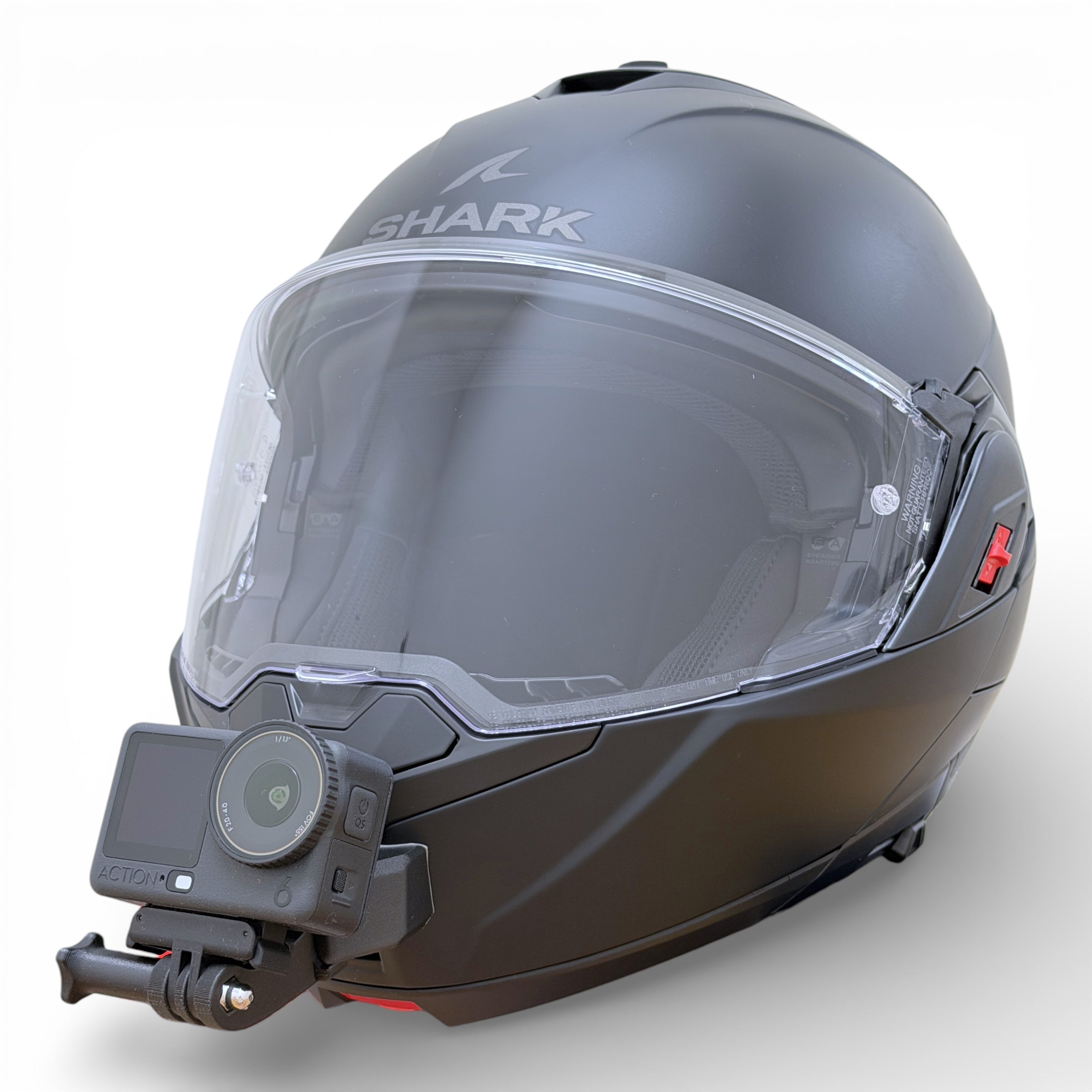 Casco SHARK OXO con soporte de mentonera RiderMounts y cámara de acción montada