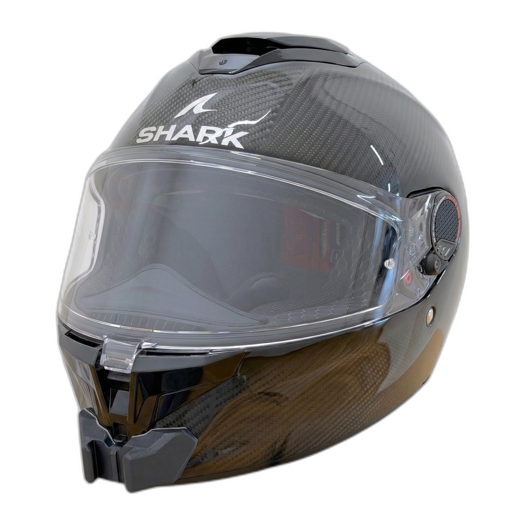 Casco SHARK SPARTAN GT PRO con el soporte de mentonera RiderMounts instalado