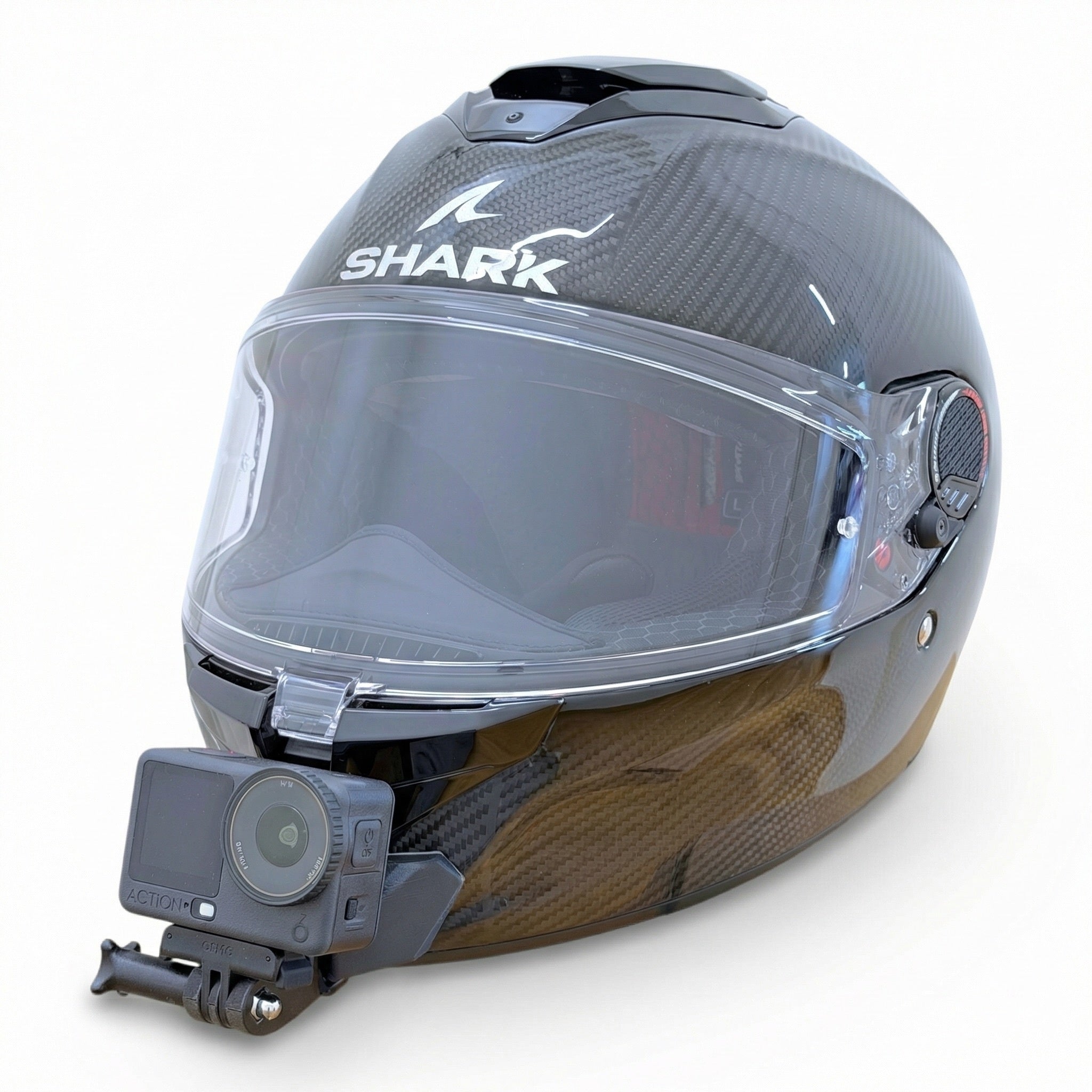 Casco SHARK SPARTAN GT PRO con soporte de mentonera RiderMounts y cámara de acción montada
