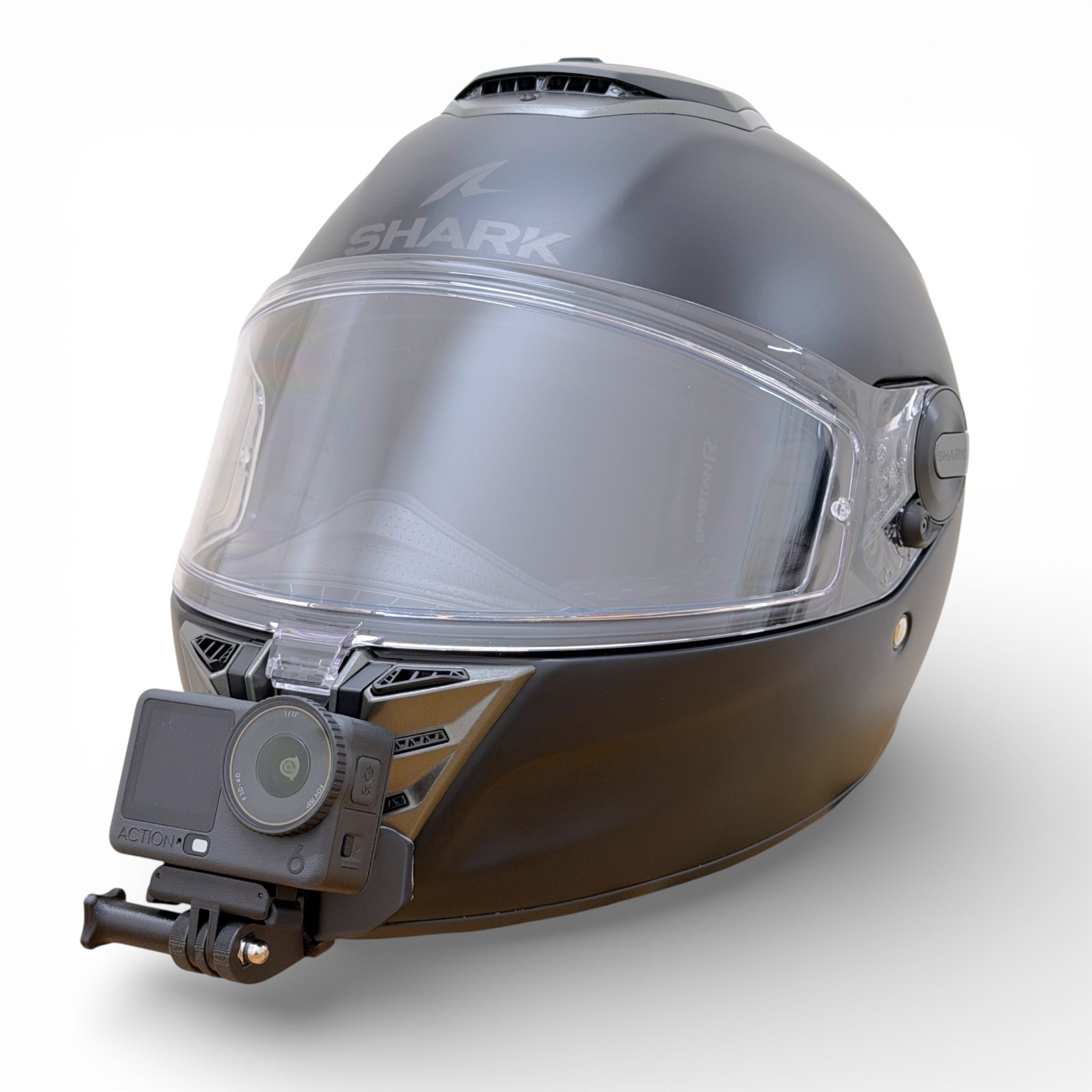 Casco SHARK SPARTAN RS con soporte de mentonera RiderMounts y cámara de acción montada