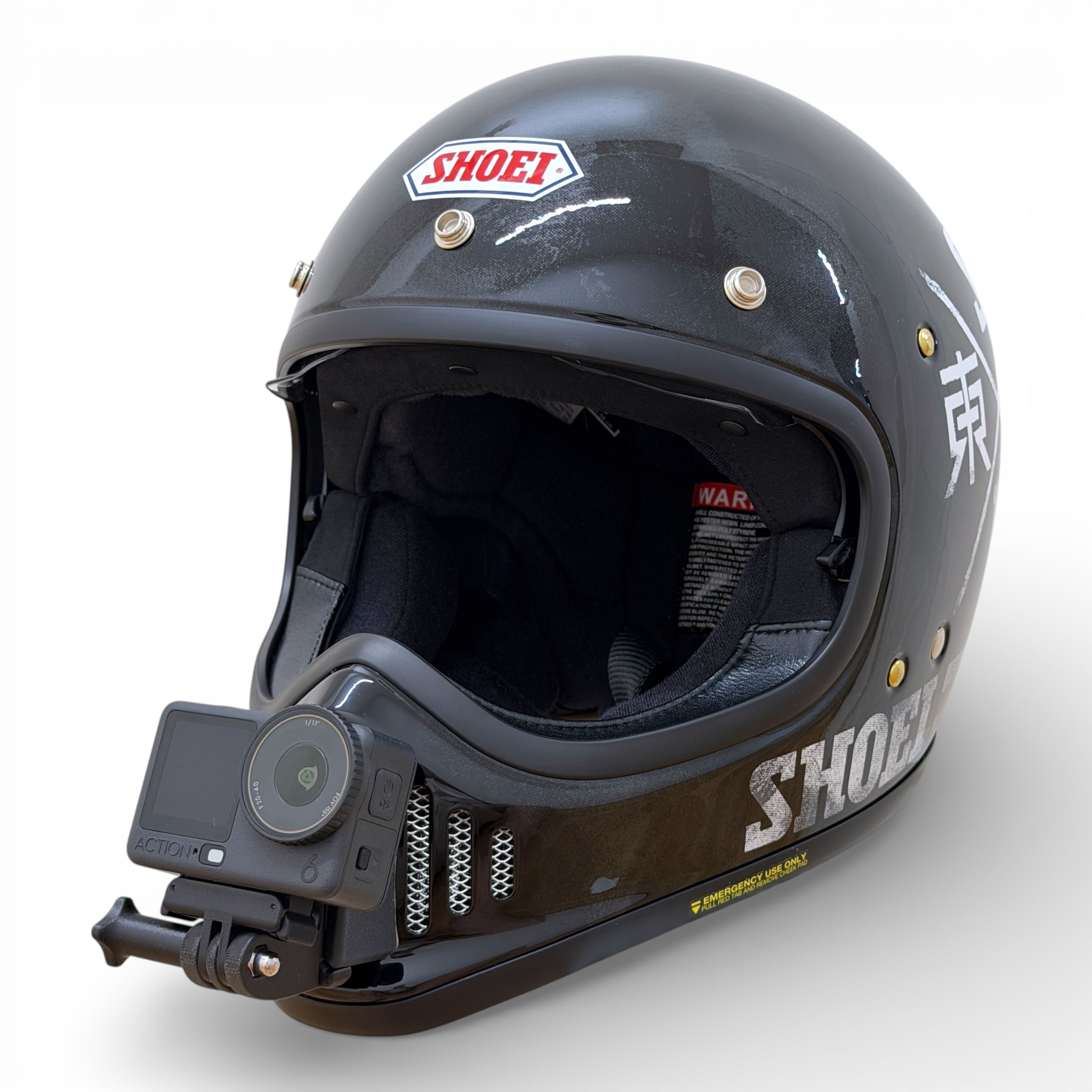Casco SHOEI EX-ZERO con soporte de mentonera RiderMounts y cámara de acción montada