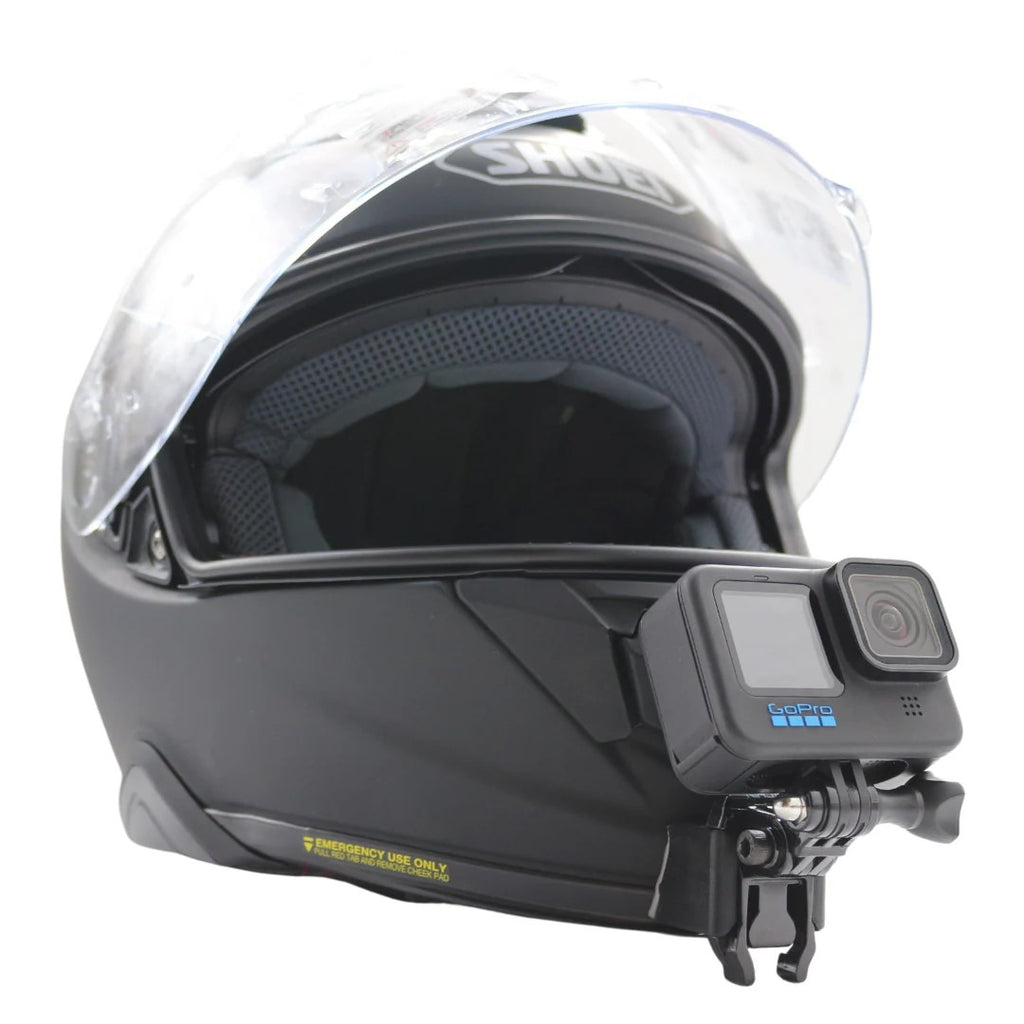 Casco SHOEI GT AIR 2 con soporte de mentonera RiderMounts y cámara de acción montada