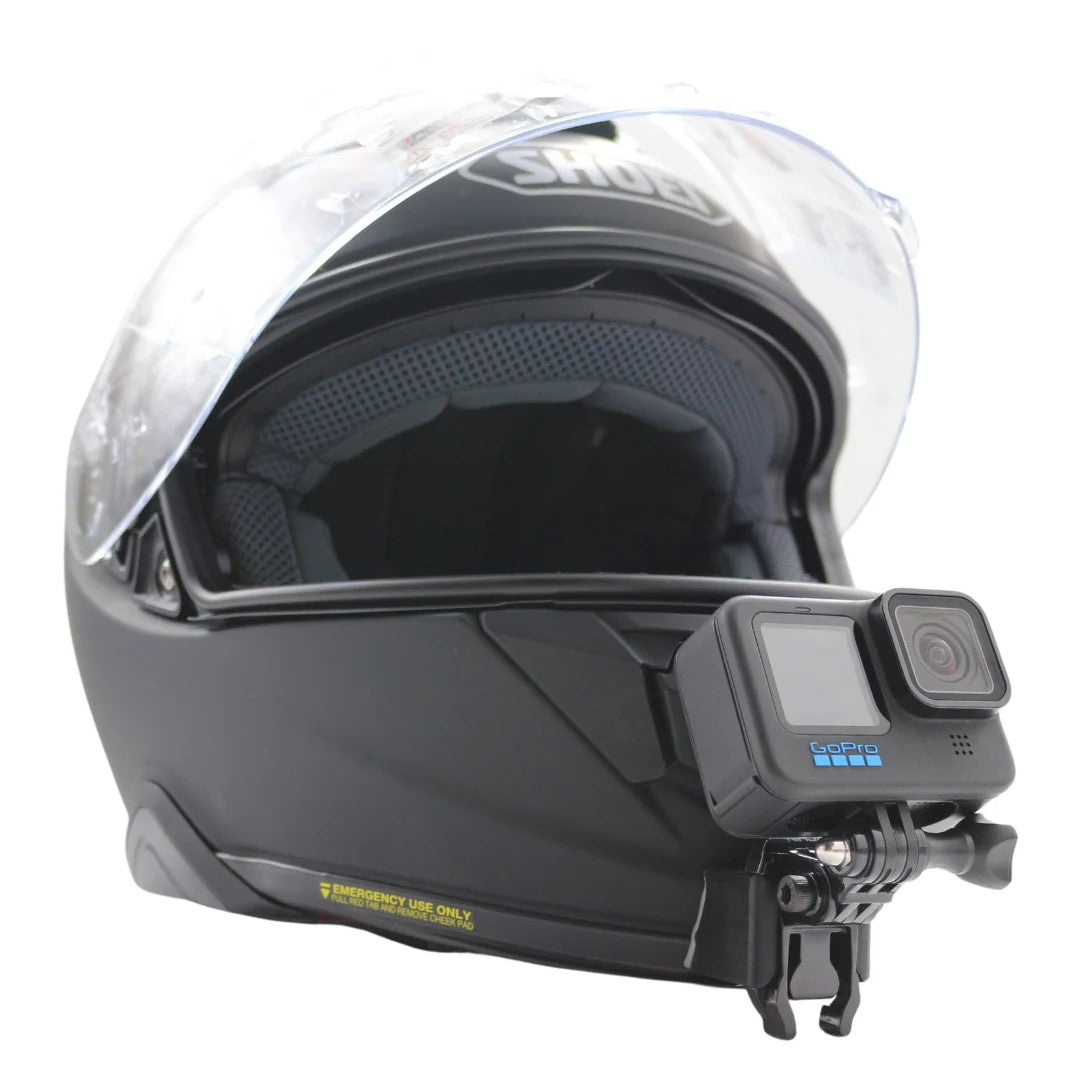 Casco SHOEI GT AIR 2 con soporte de mentonera RiderMounts y cámara de acción montada