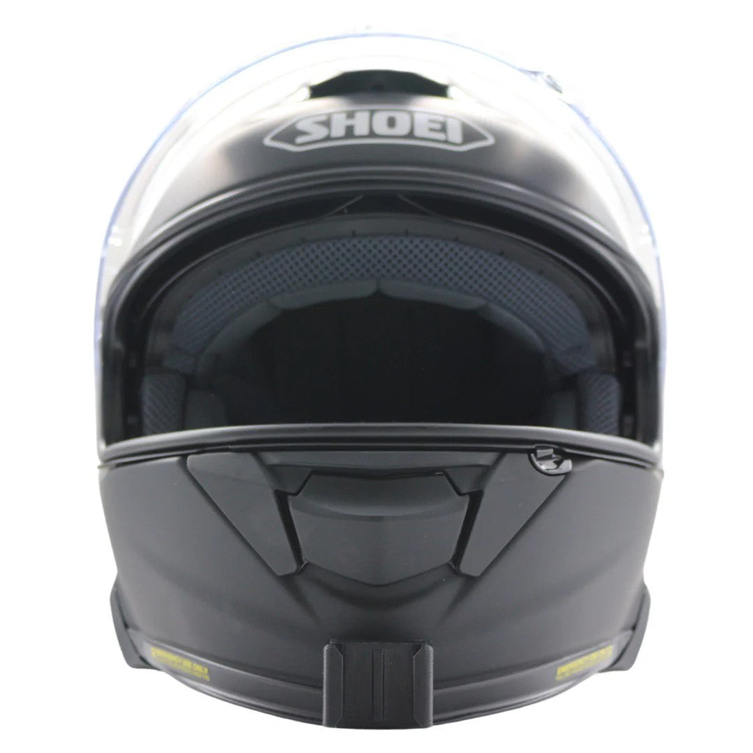 Vista frontal del casco SHOEI GT AIR 2 con el soporte de mentonera RiderMounts montado