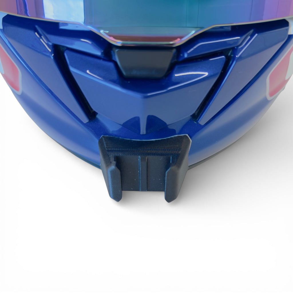 Vista frontal del casco SHOEI GT AIR 3 con el soporte de mentonera RiderMounts montado