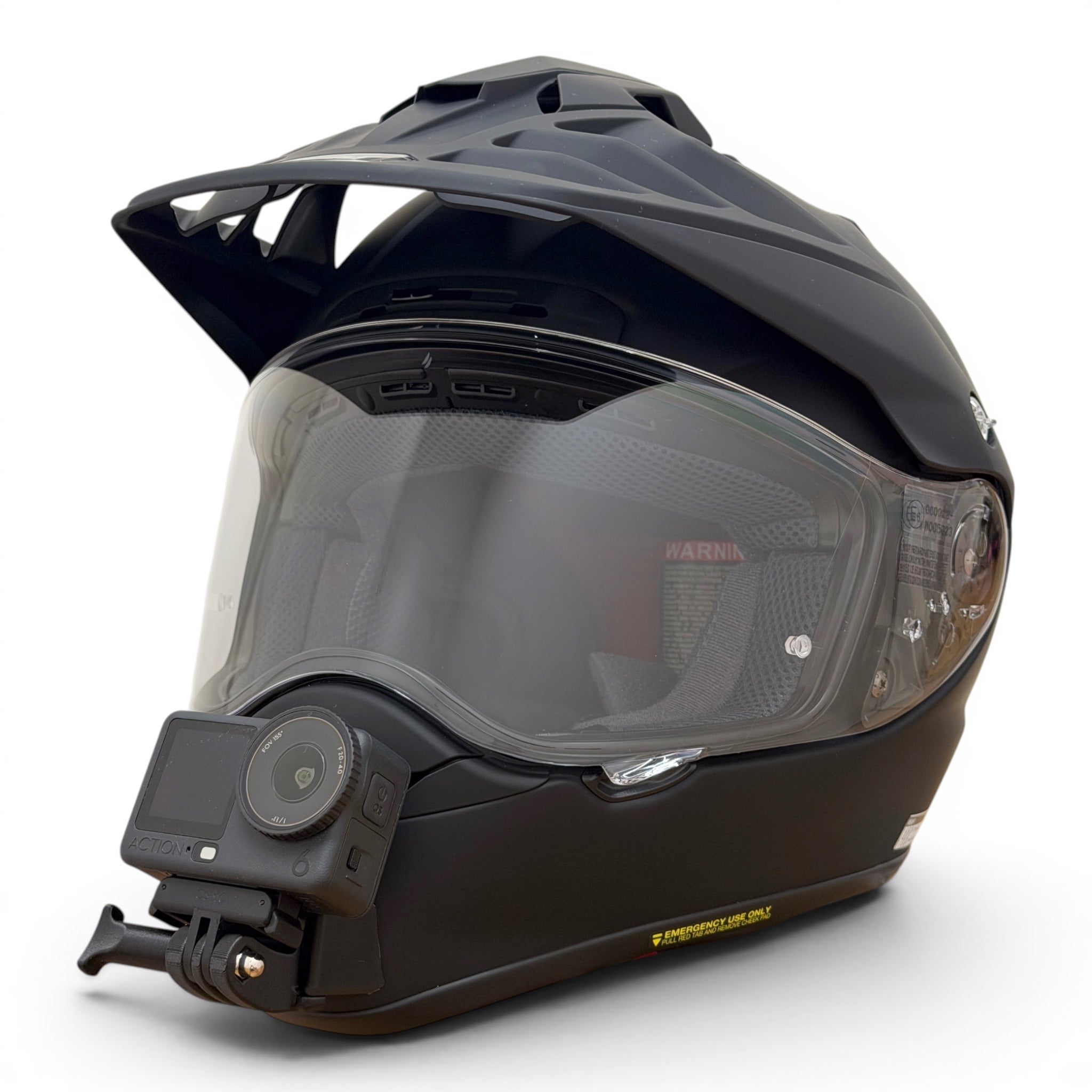 Casco SHOEI HORNET ADV 06 con soporte de mentonera RiderMounts y cámara de acción montada