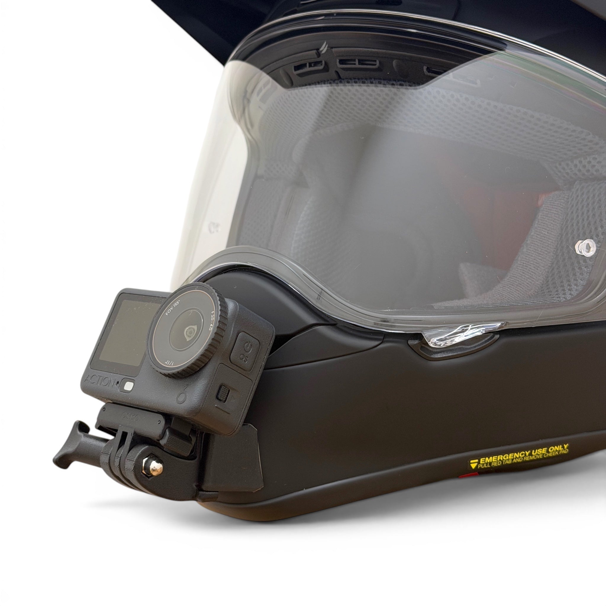 Soporte de mentonera RiderMounts en el casco SHOEI HORNET ADV 06 visto desde otro ángulo