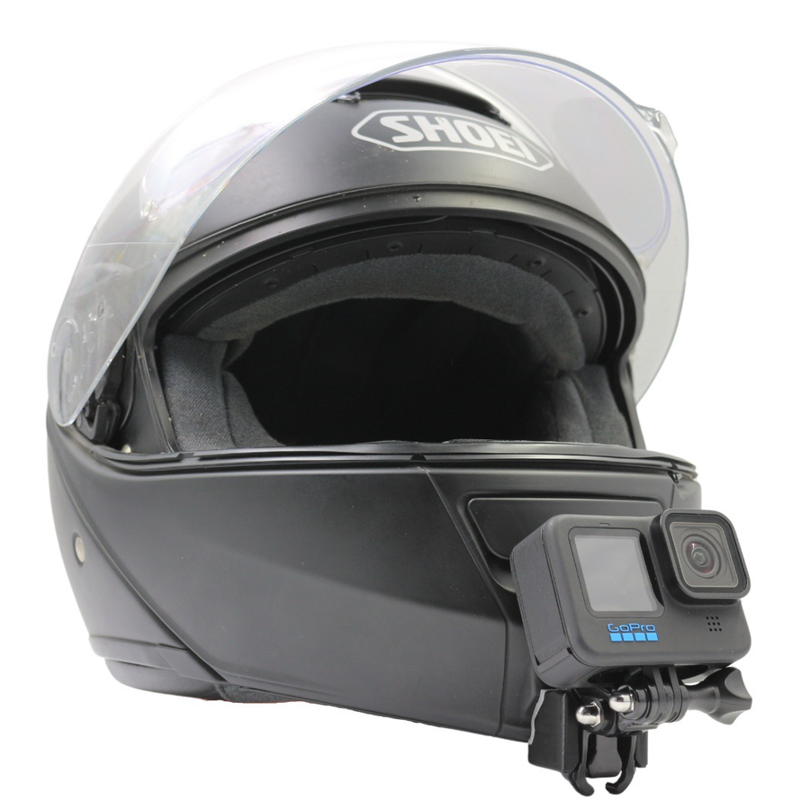 Casco SHOEI NEOTEC 1 con soporte de mentonera RiderMounts y cámara de acción montada