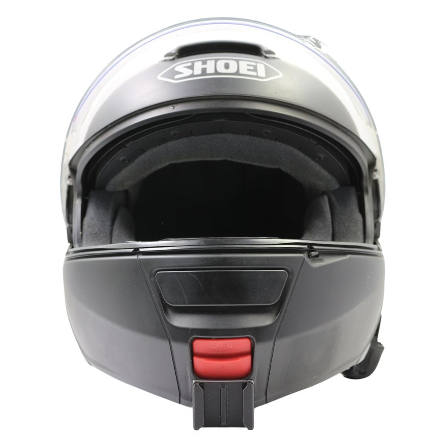 Vista frontal del casco SHOEI NEOTEC 1 con el soporte de mentonera RiderMounts montado