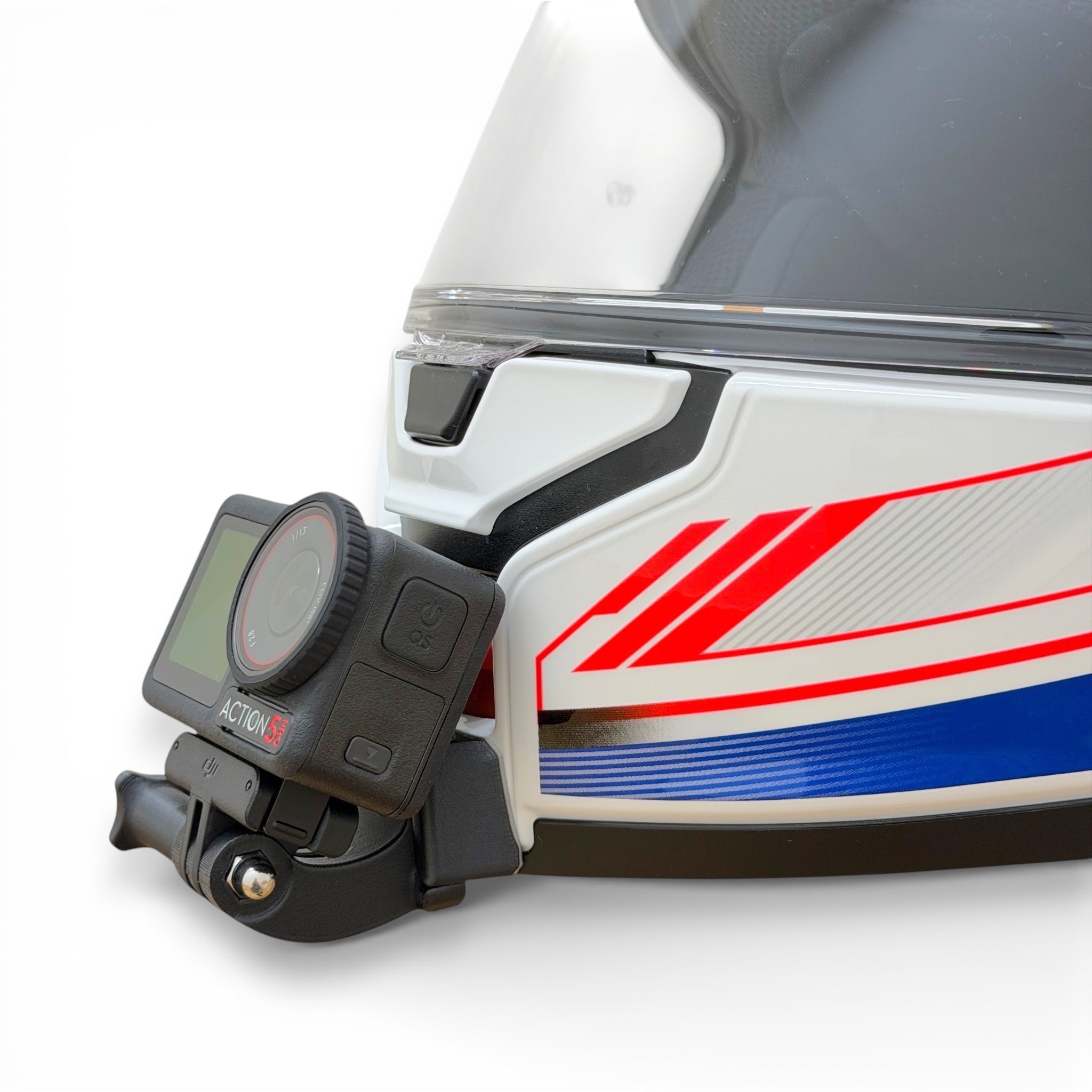 Soporte de mentonera RiderMounts en el casco SHOEI NEOTEC 3 visto desde otro ángulo