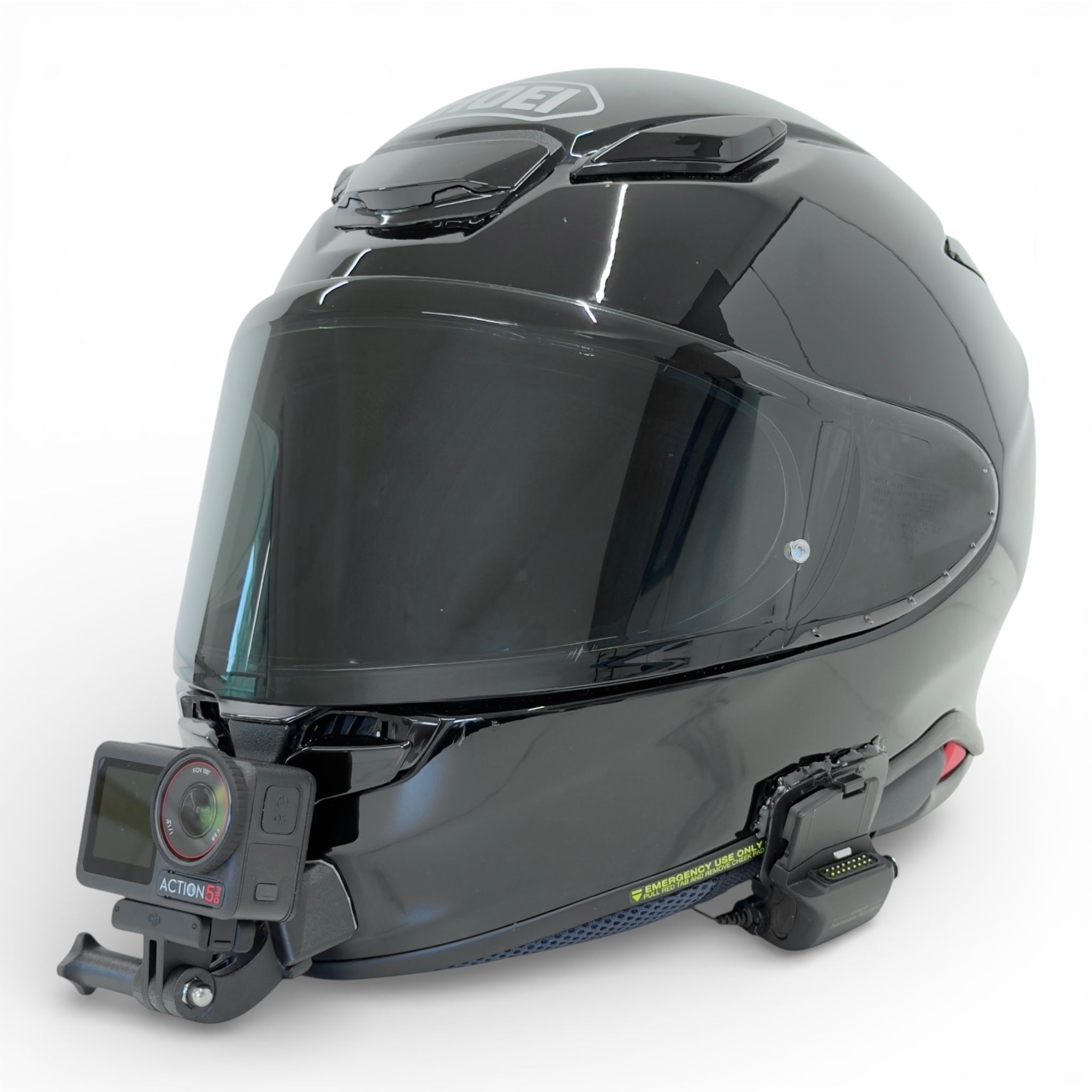 Casco SHOEI NXR 2 con soporte de mentonera RiderMounts y cámara de acción montada