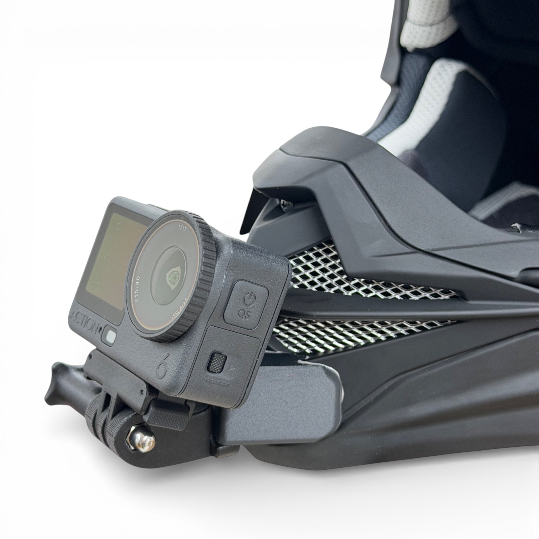 Soporte de mentonera RiderMounts en el casco SHOEI VFX-WR 06 visto desde otro ángulo