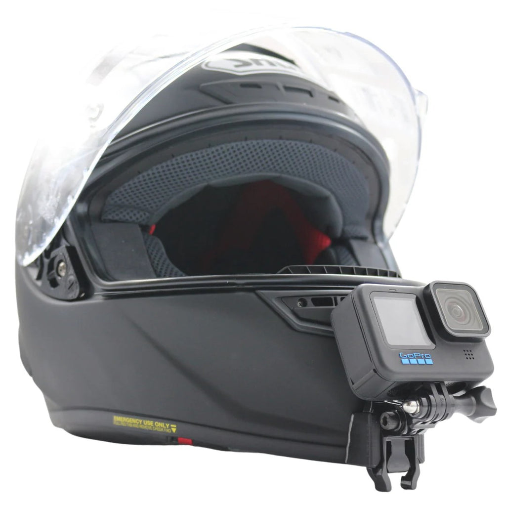 Casco SHOEI X-SPIRIT 3 con soporte de mentonera RiderMounts y cámara de acción montada