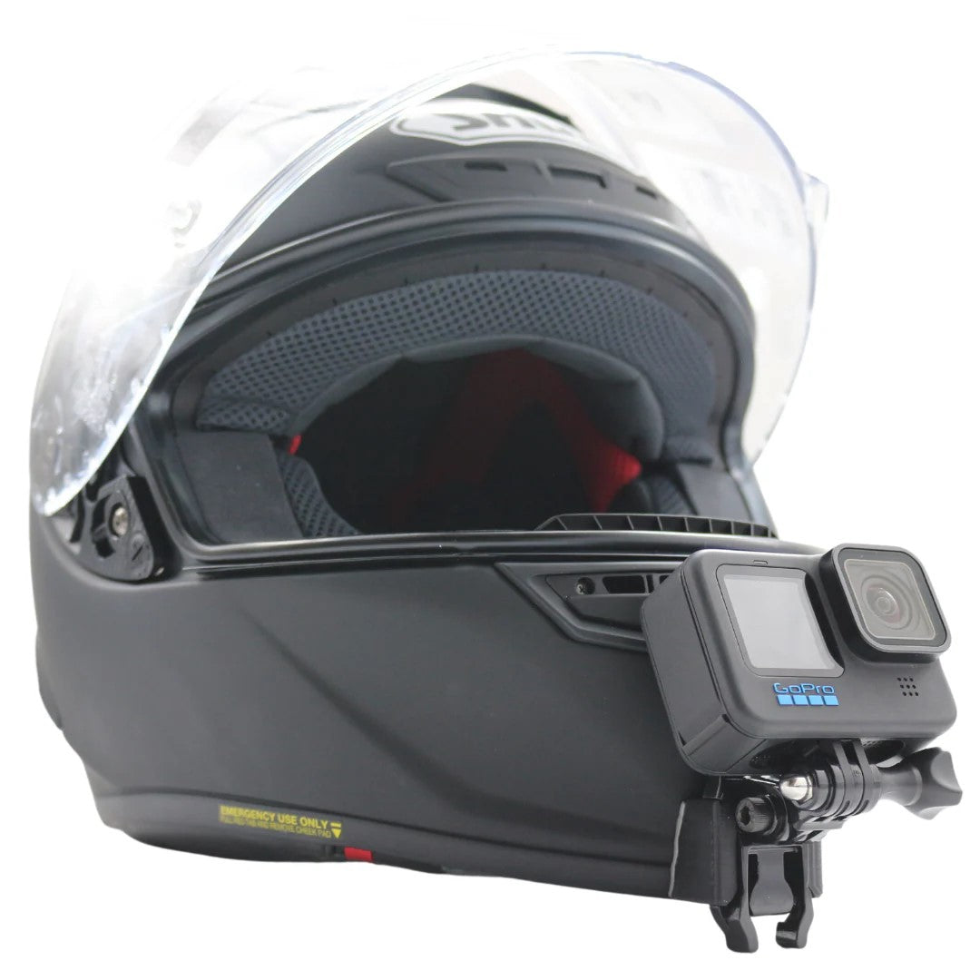 Casco SHOEI X-SPIRIT 3 con soporte de mentonera RiderMounts y cámara de acción montada