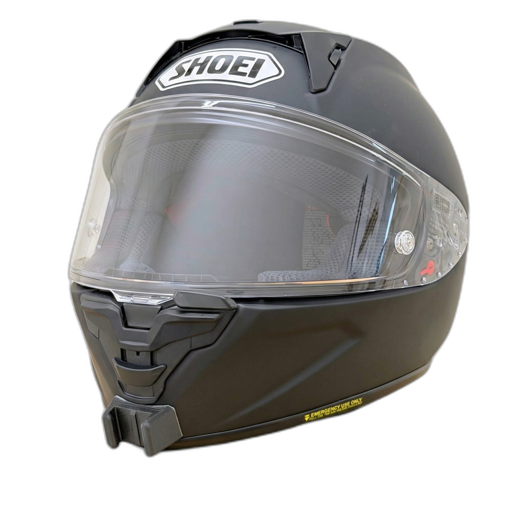 Casco SHOEI X-SPR PRO con el soporte de mentonera RiderMounts instalado