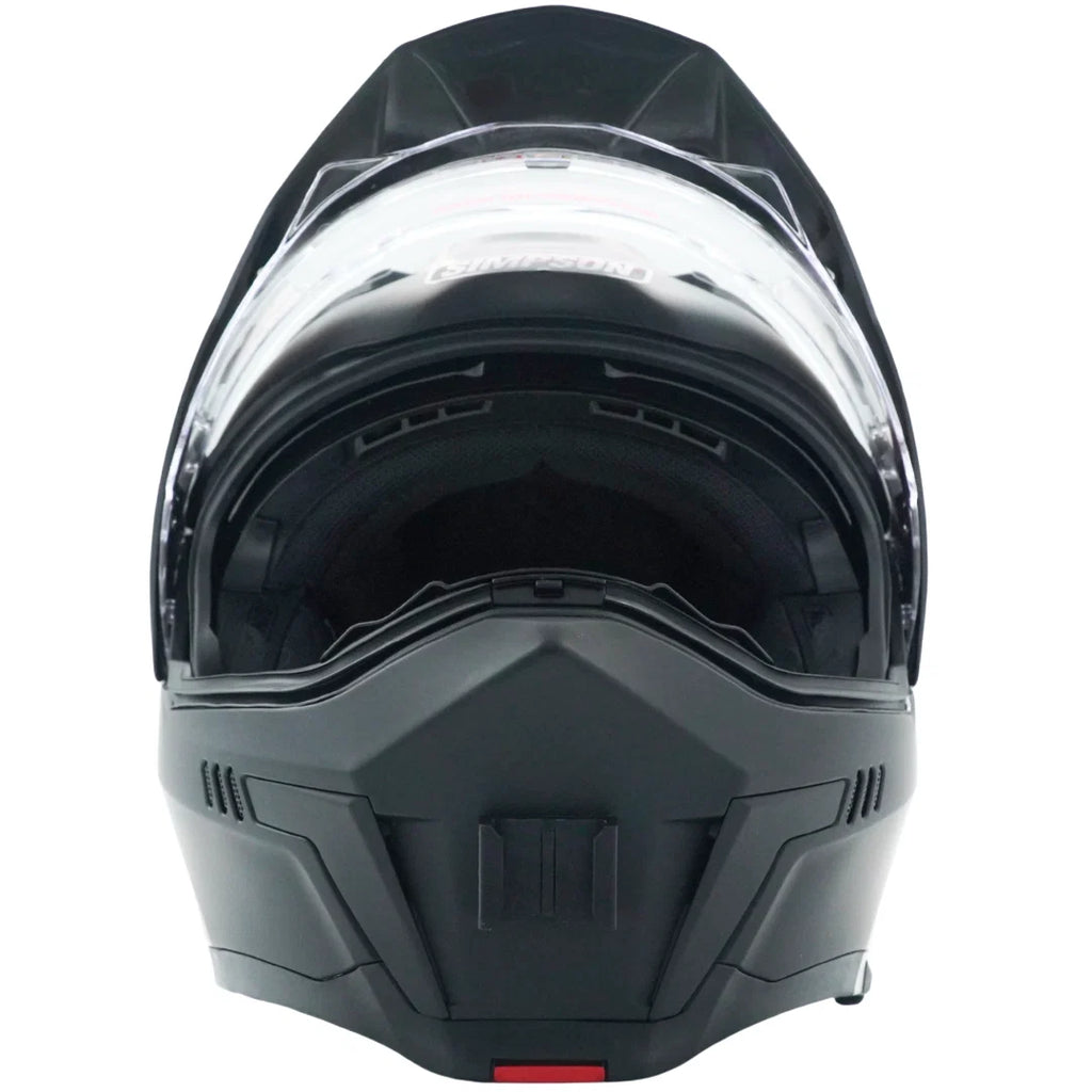 Vista frontal del casco SIMPSON JOURNEY con el soporte de mentonera RiderMounts montado